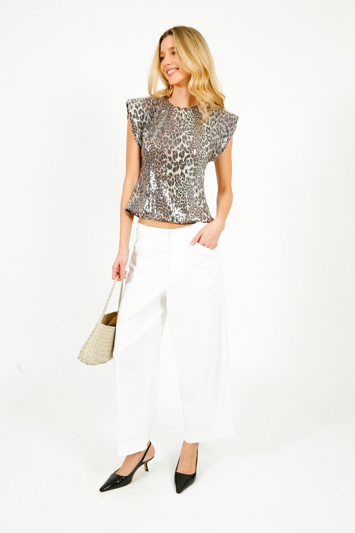 GANNI T4182 Printed Stretch Sequins Blouse in Leo