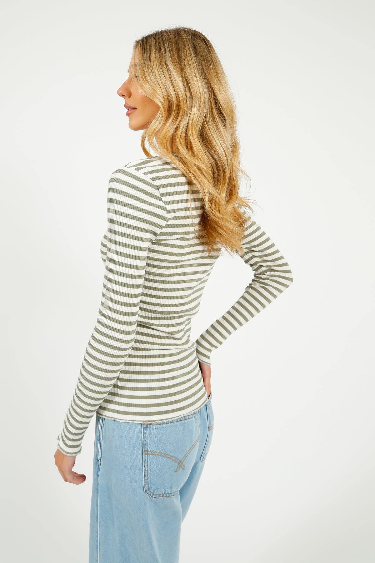 SLF Anna LS Crew in Vetiver, Snow White Stripe