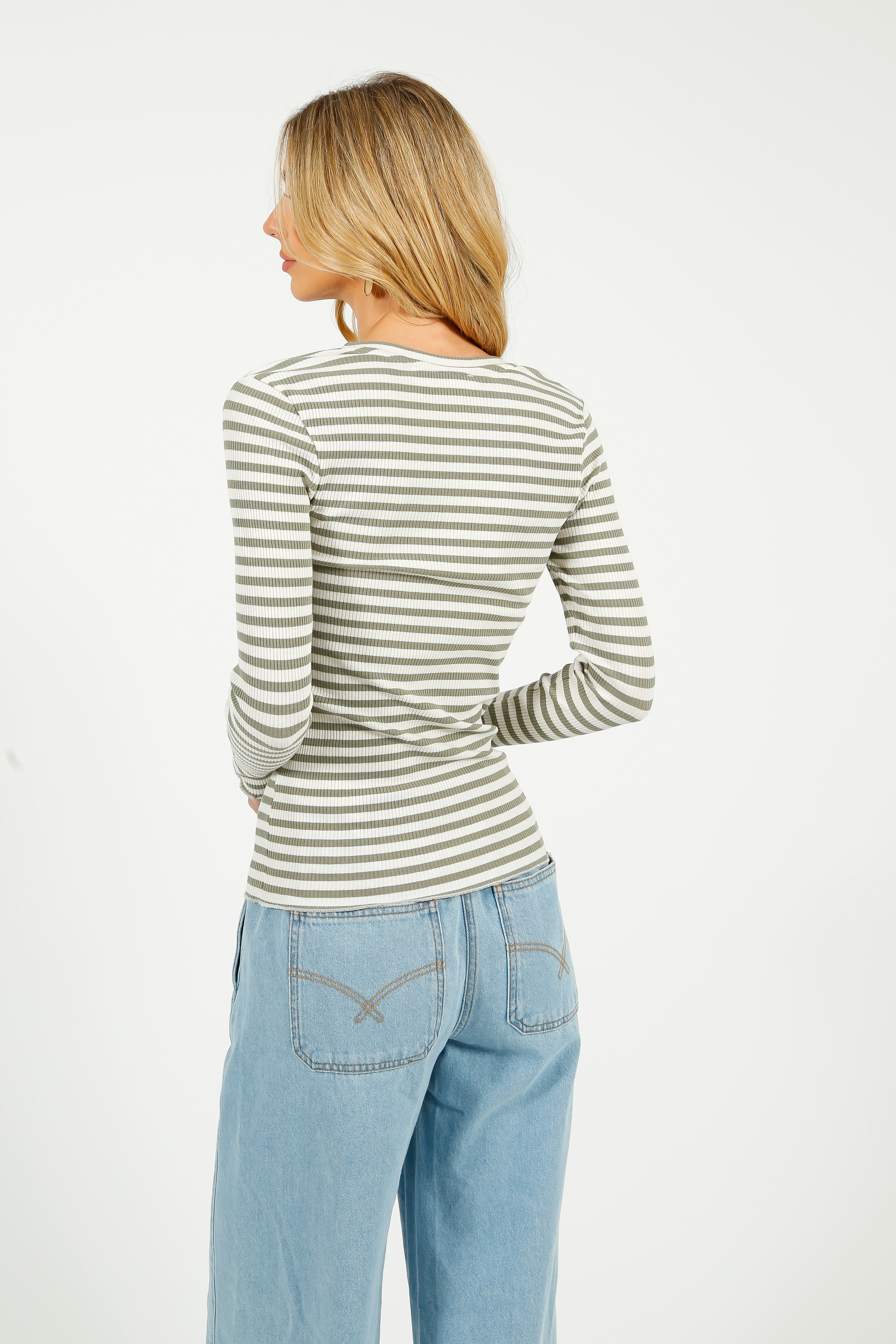 SLF Anna LS Crew in Vetiver, Snow White Stripe