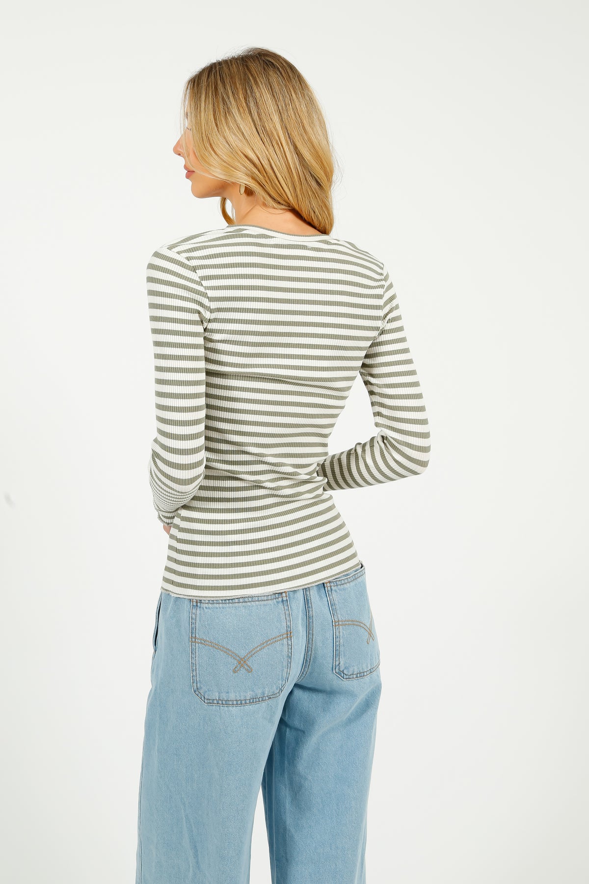 SLF Anna LS Crew in Vetiver, Snow White Stripe