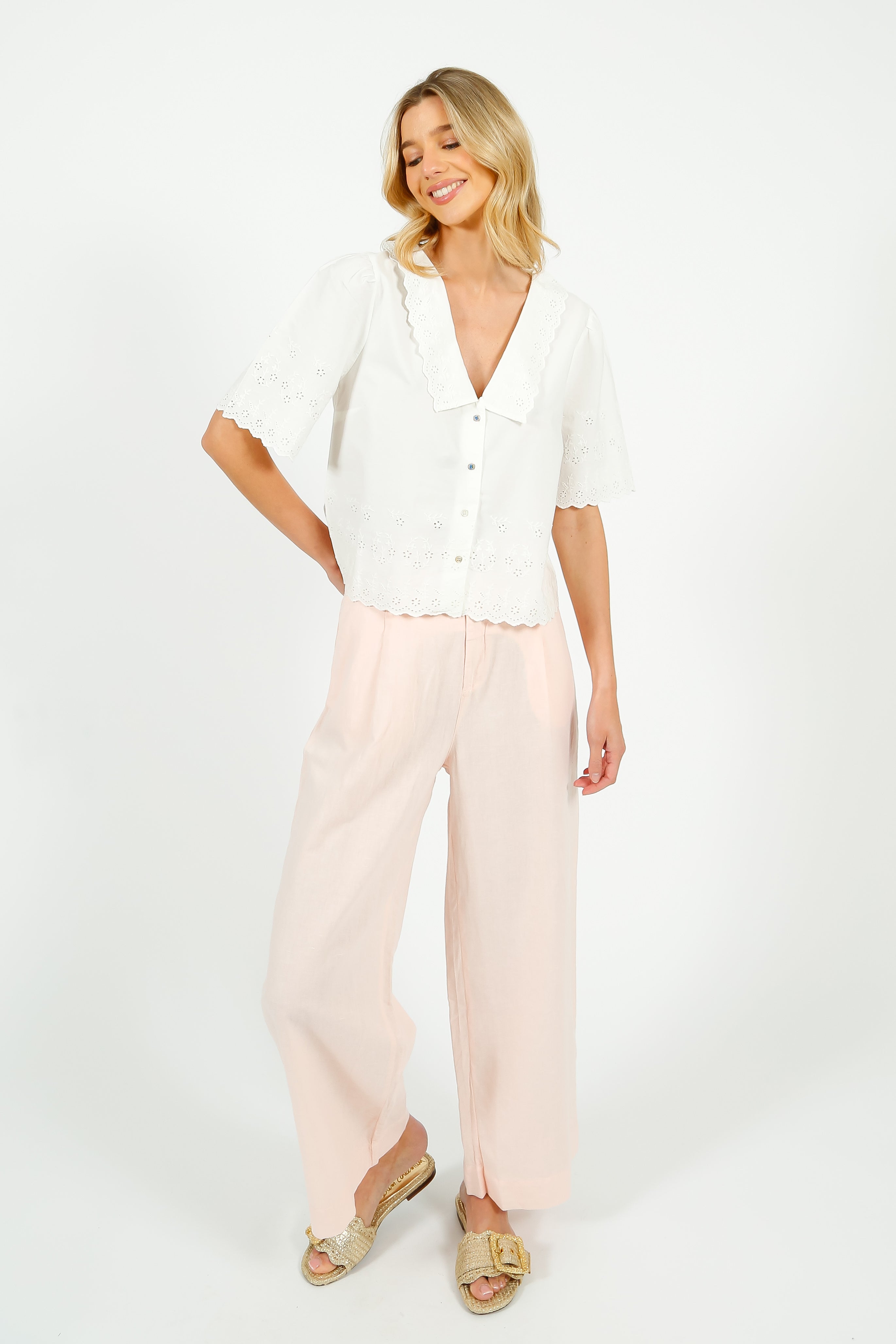 E&I Babette Broderie Anglaise Blouse in White