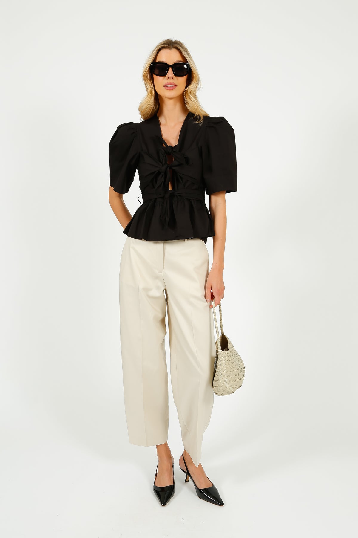 GANNI W0378 Washed Stretch Cotton Tie Strap Blouse in Black