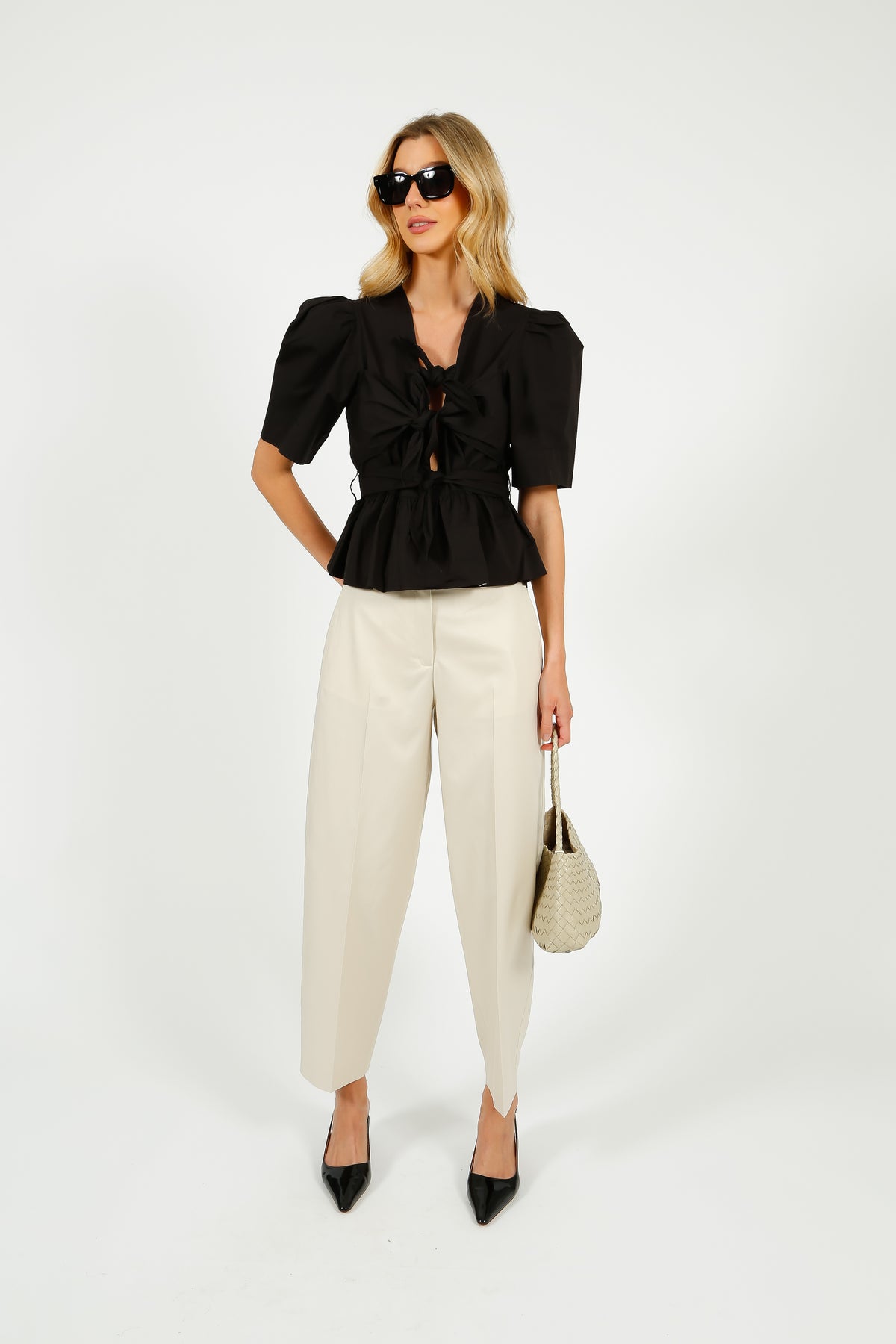GANNI W0378 Washed Stretch Cotton Tie Strap Blouse in Black