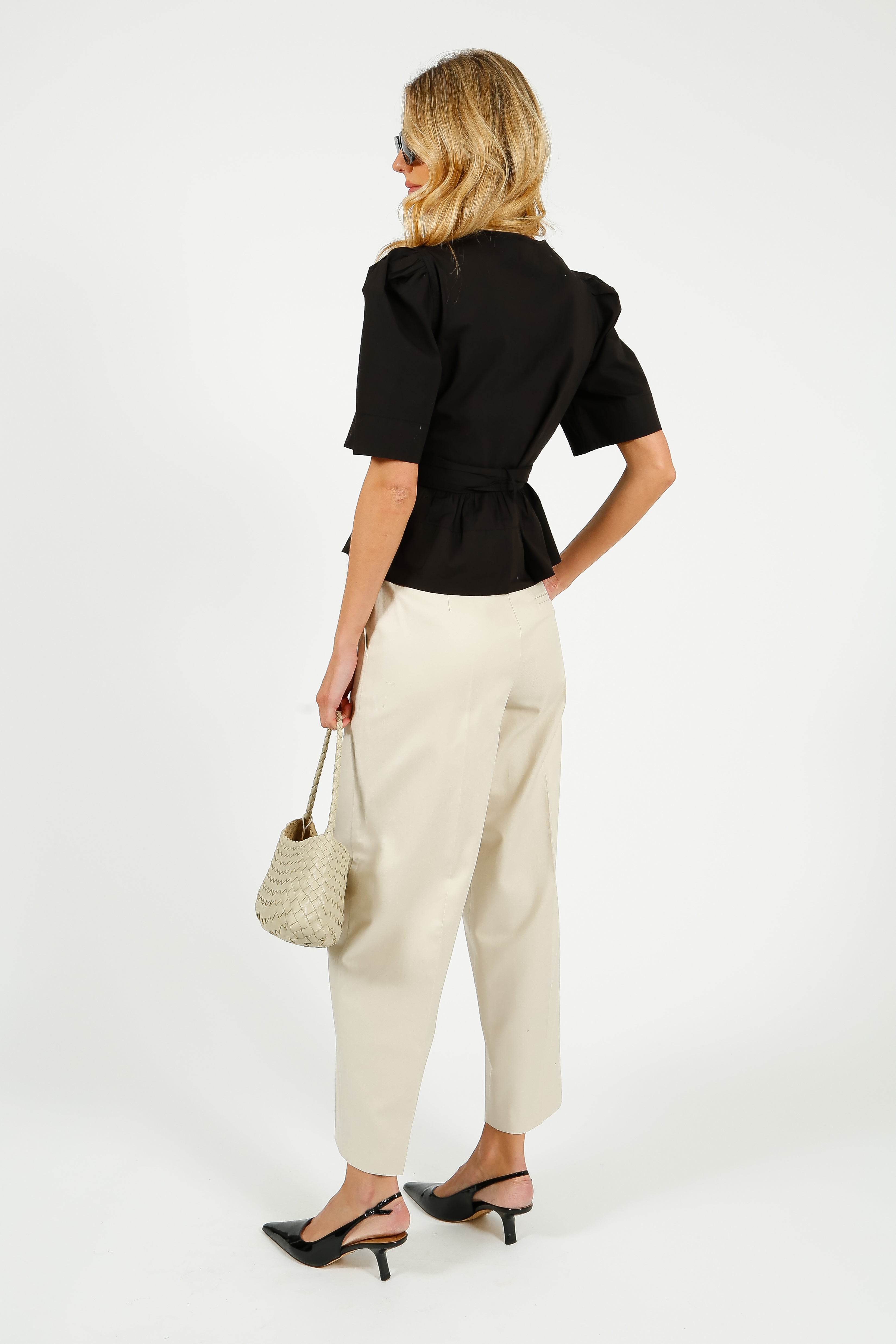GANNI W0378 Washed Stretch Cotton Tie Strap Blouse in Black