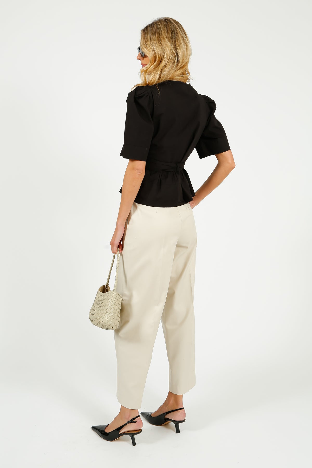 GANNI W0378 Washed Stretch Cotton Tie Strap Blouse in Black