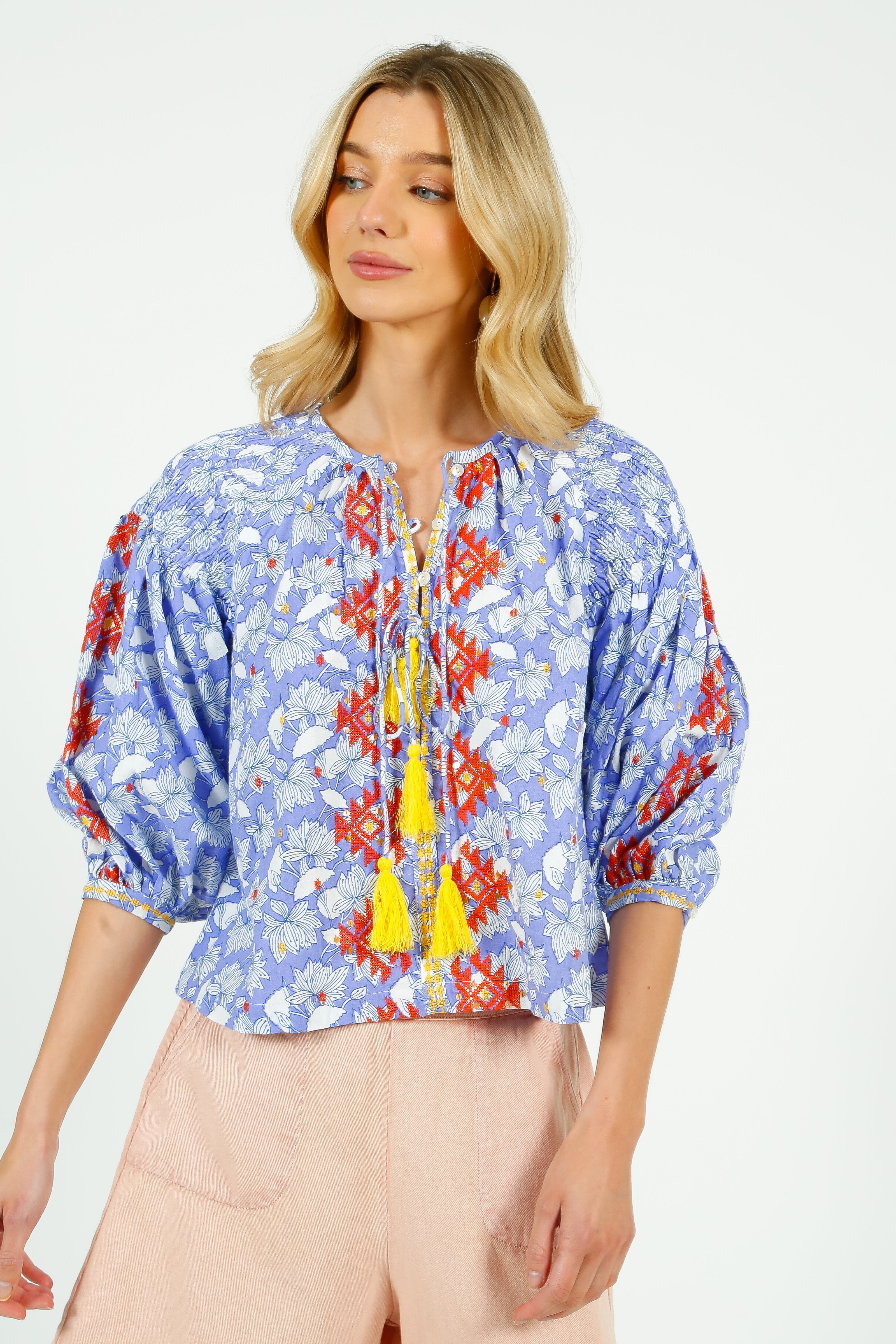 PDS 327 Lila Print Blouse with Orange Emb