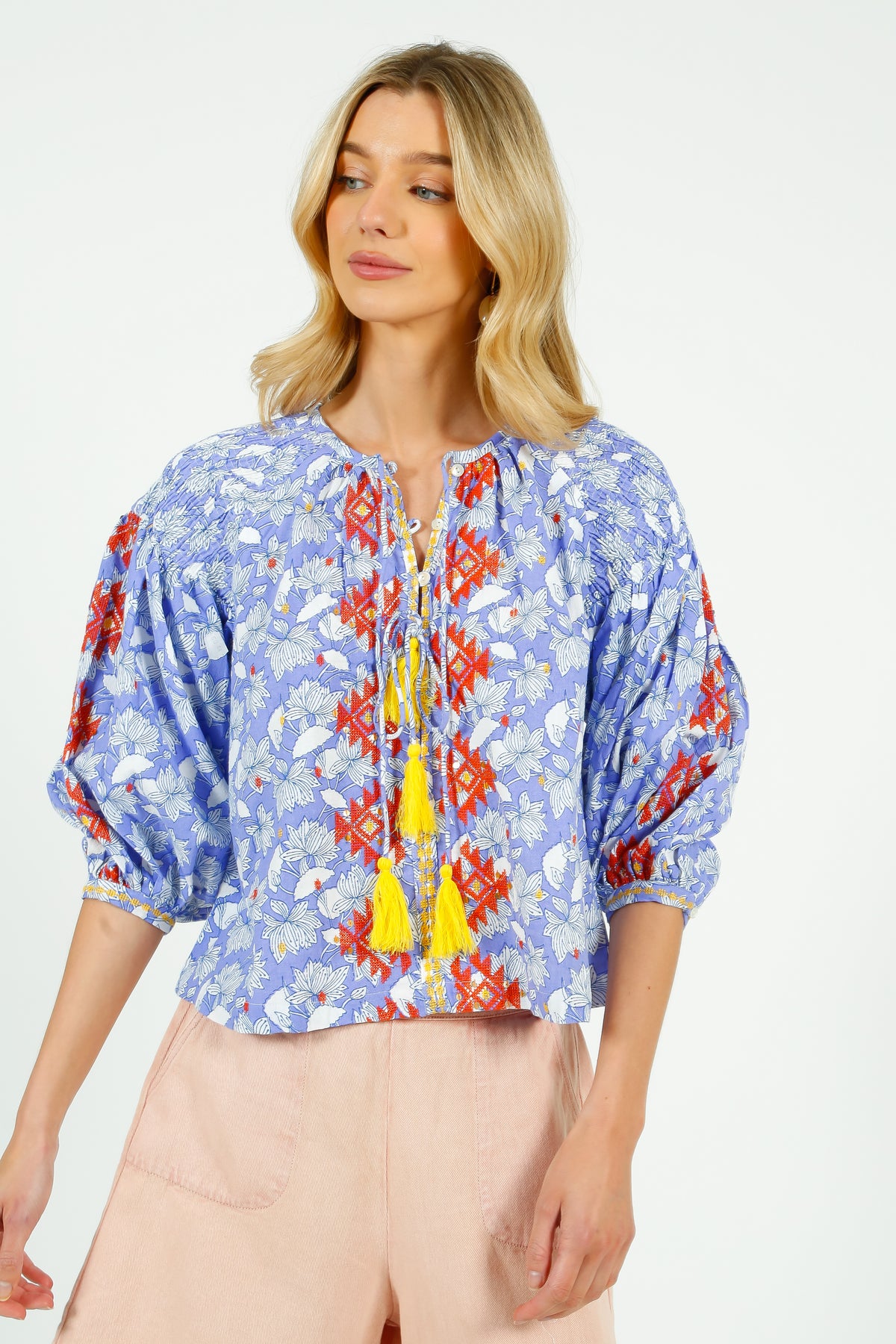 PDS 327 Lila Print Blouse with Orange Emb