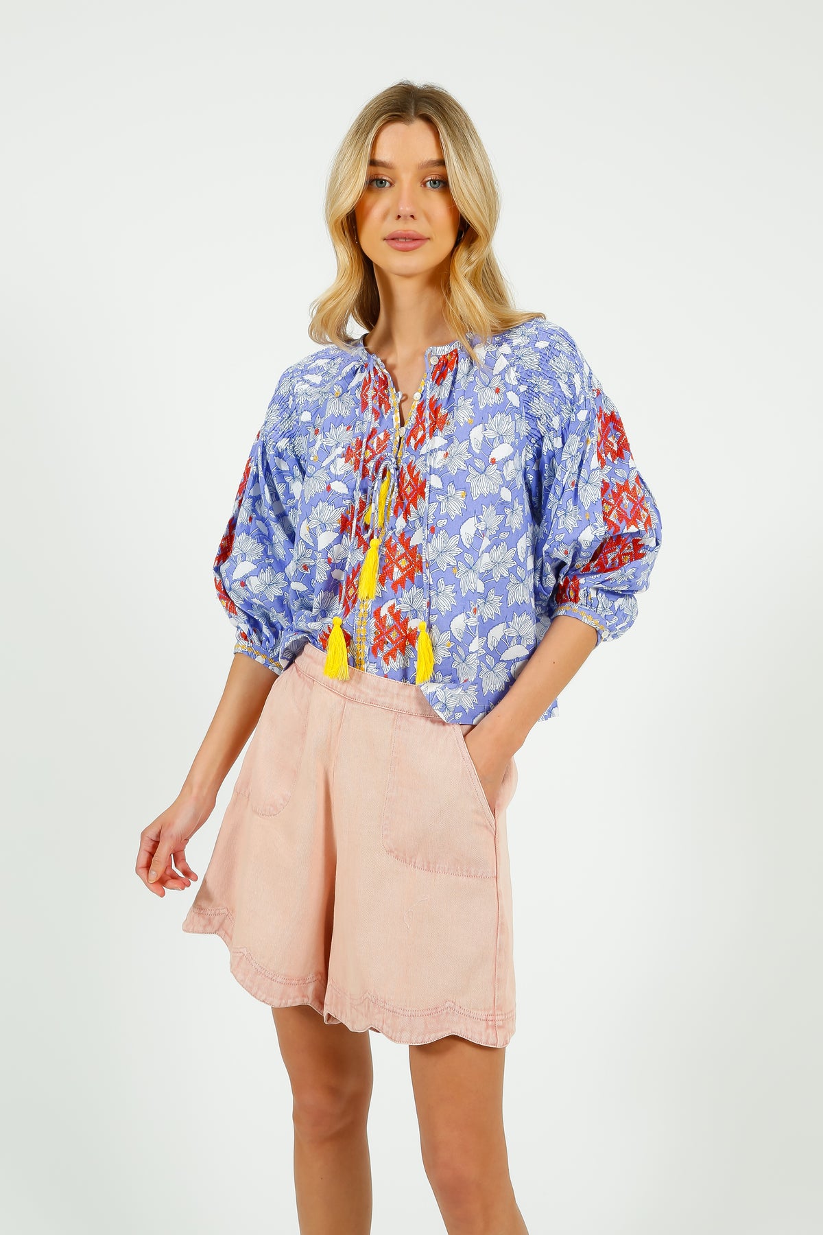 PDS 327 Lila Print Blouse with Orange Emb