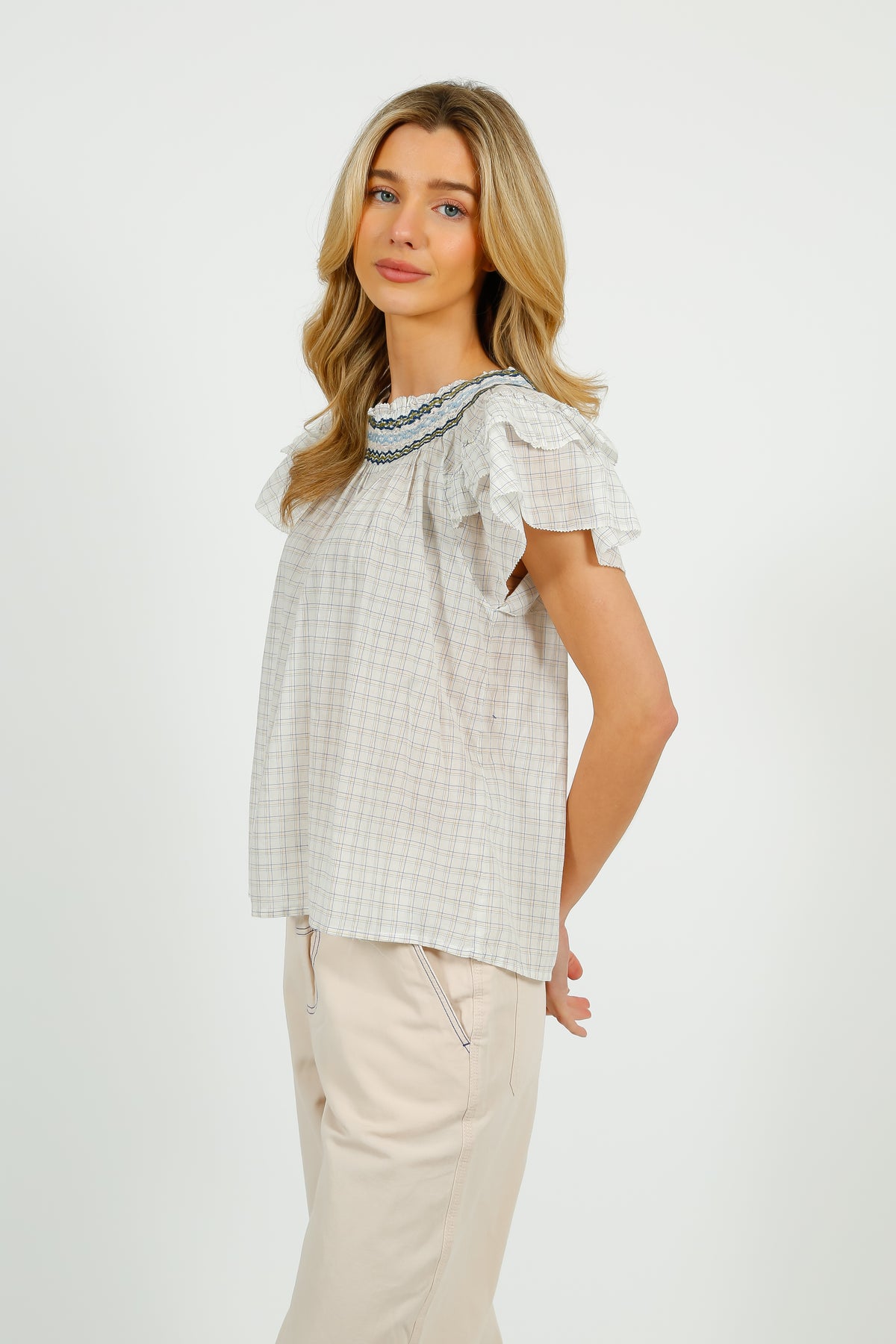 BR Cathy Gingham Blouse in White