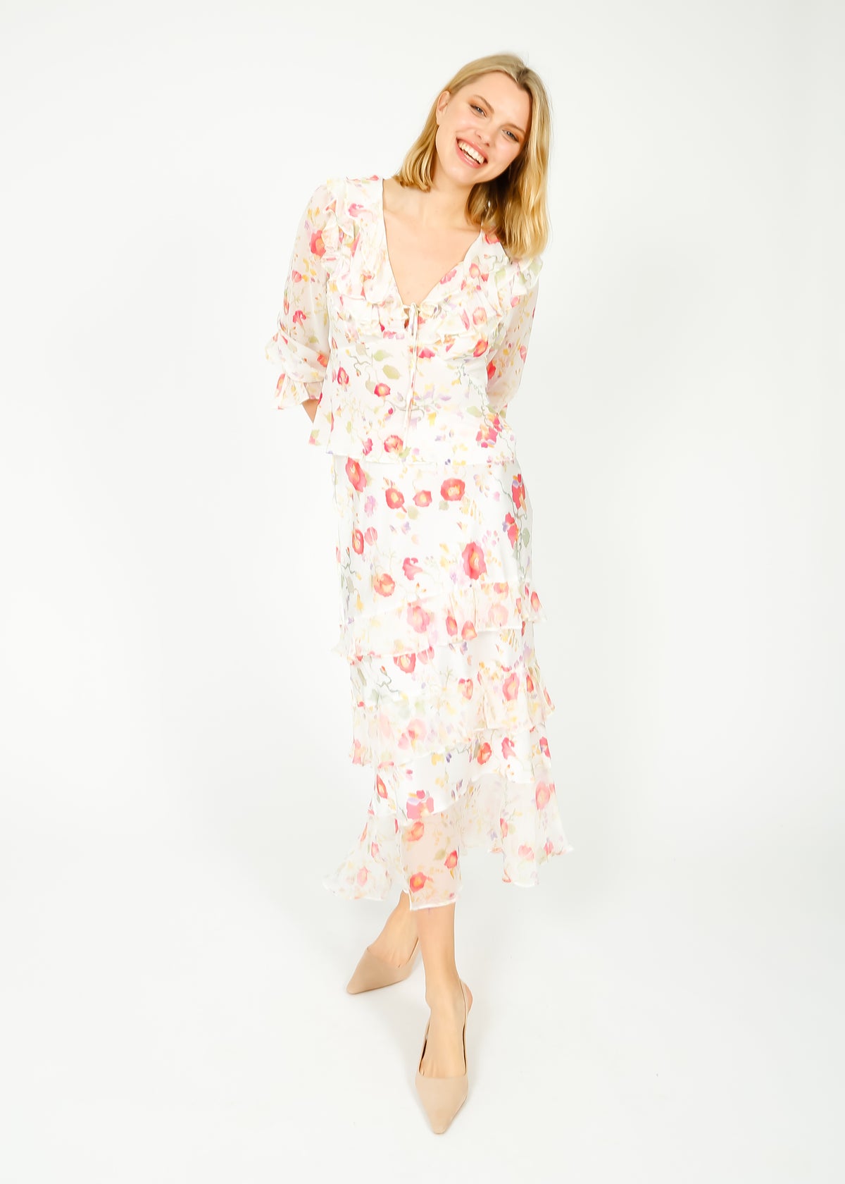 RIXO Lasca Top in Waterblossom Ivory