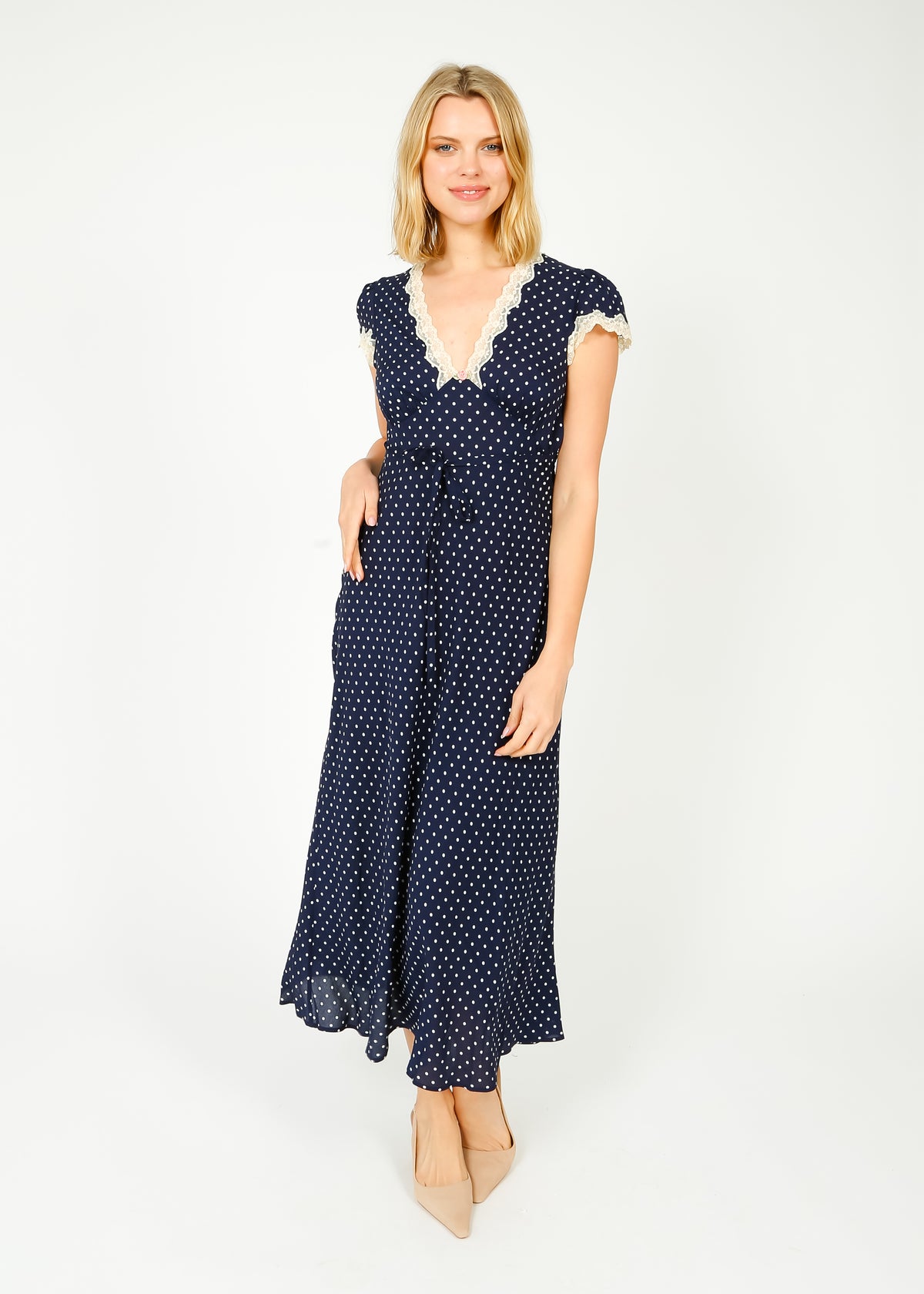 RIXO Clarice Dress in Navy Polka Dot