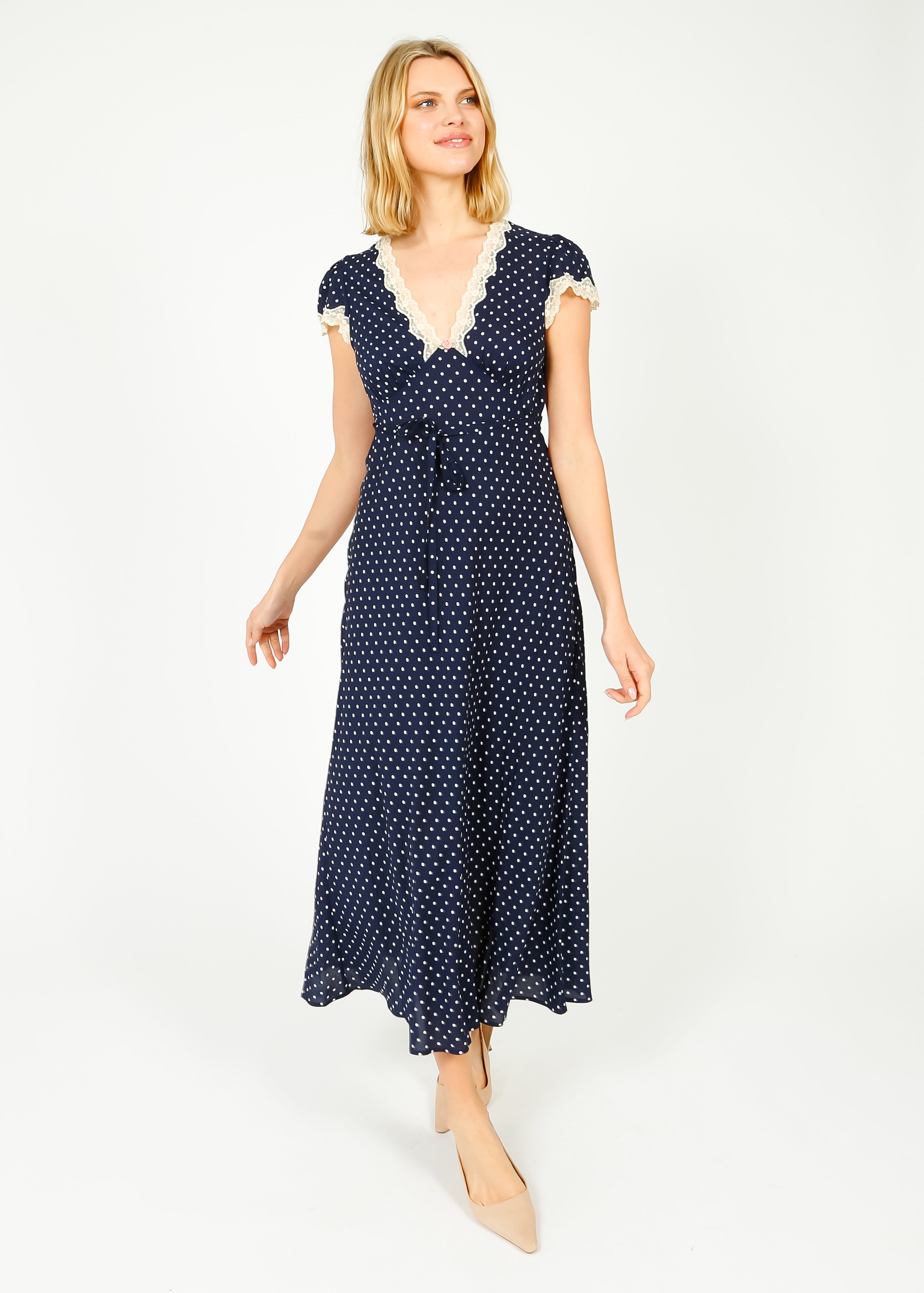 RIXO Clarice Dress in Navy Polka Dot