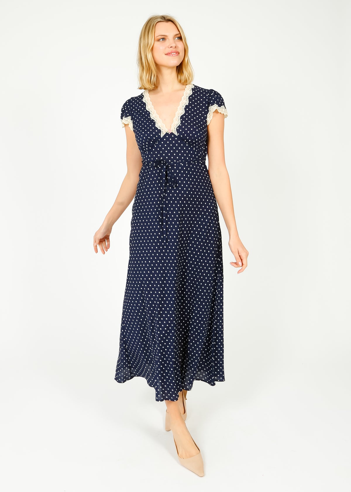 RIXO Clarice Dress in Navy Polka Dot