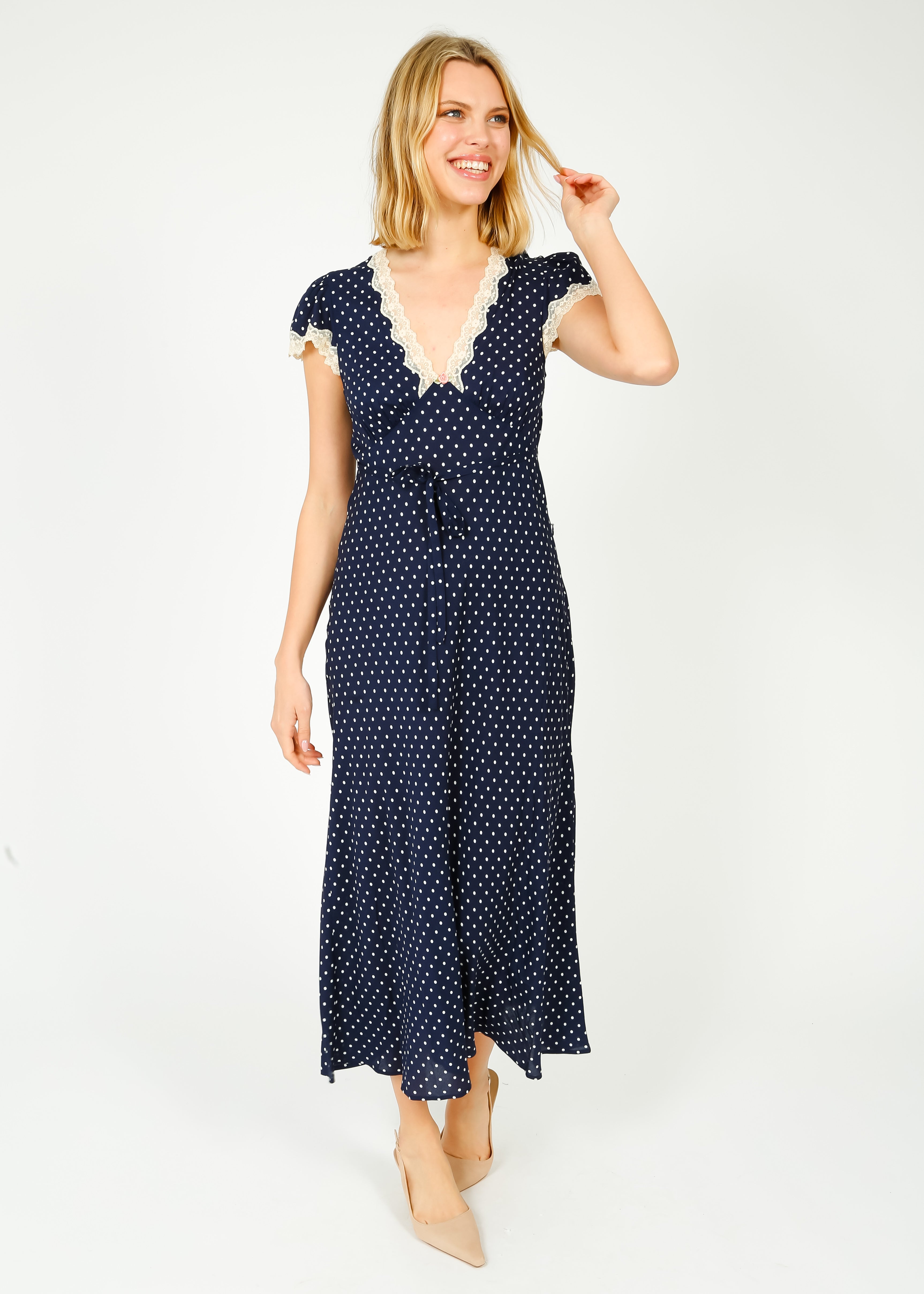 RIXO Clarice Dress in Navy Polka Dot