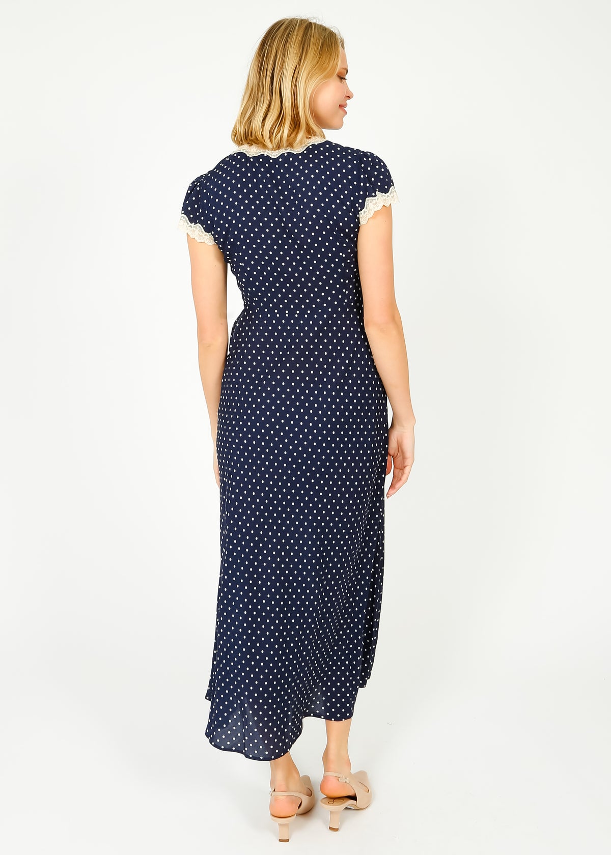 RIXO Clarice Dress in Navy Polka Dot
