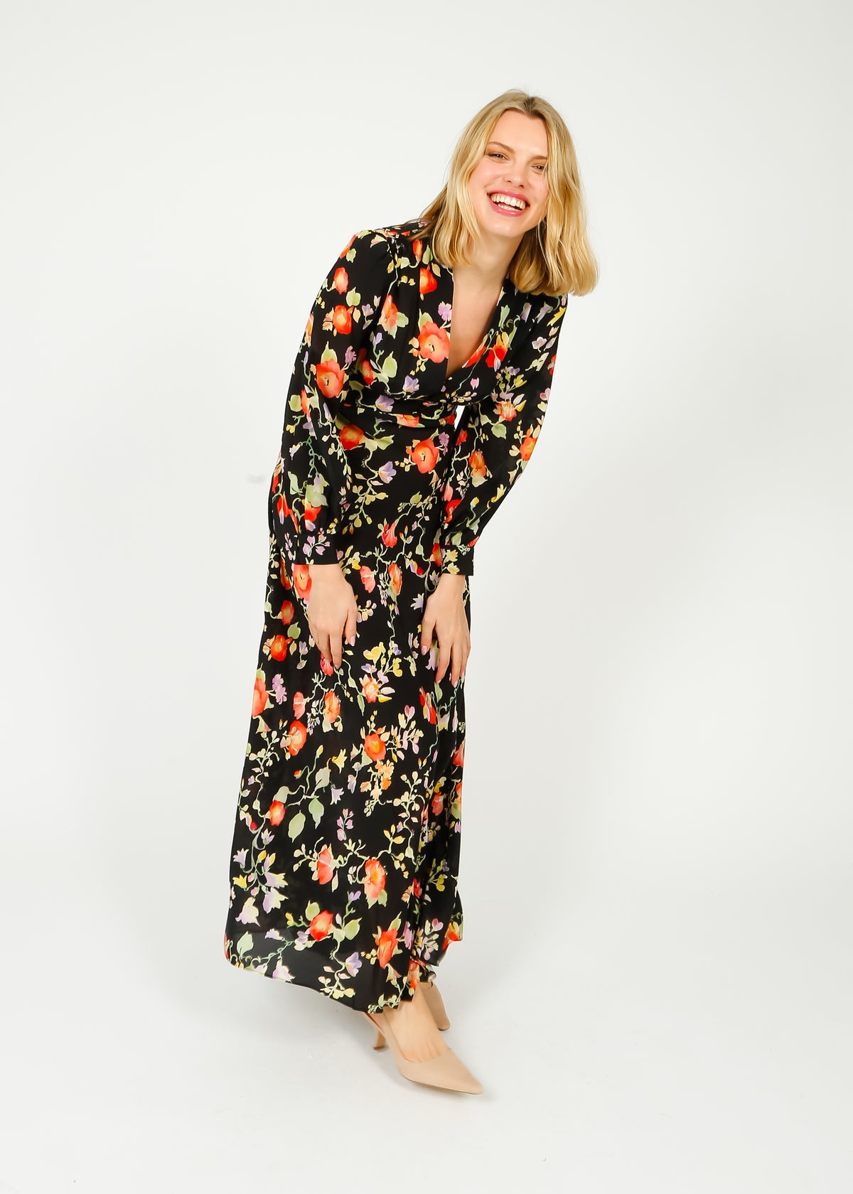 RIXO GOLD Emory Dress in Waterblossom Noir