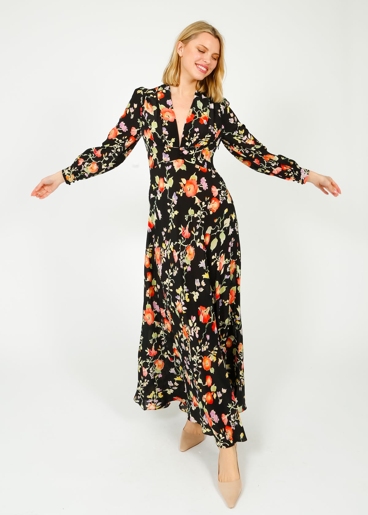 RIXO GOLD Emory Dress in Waterblossom Noir