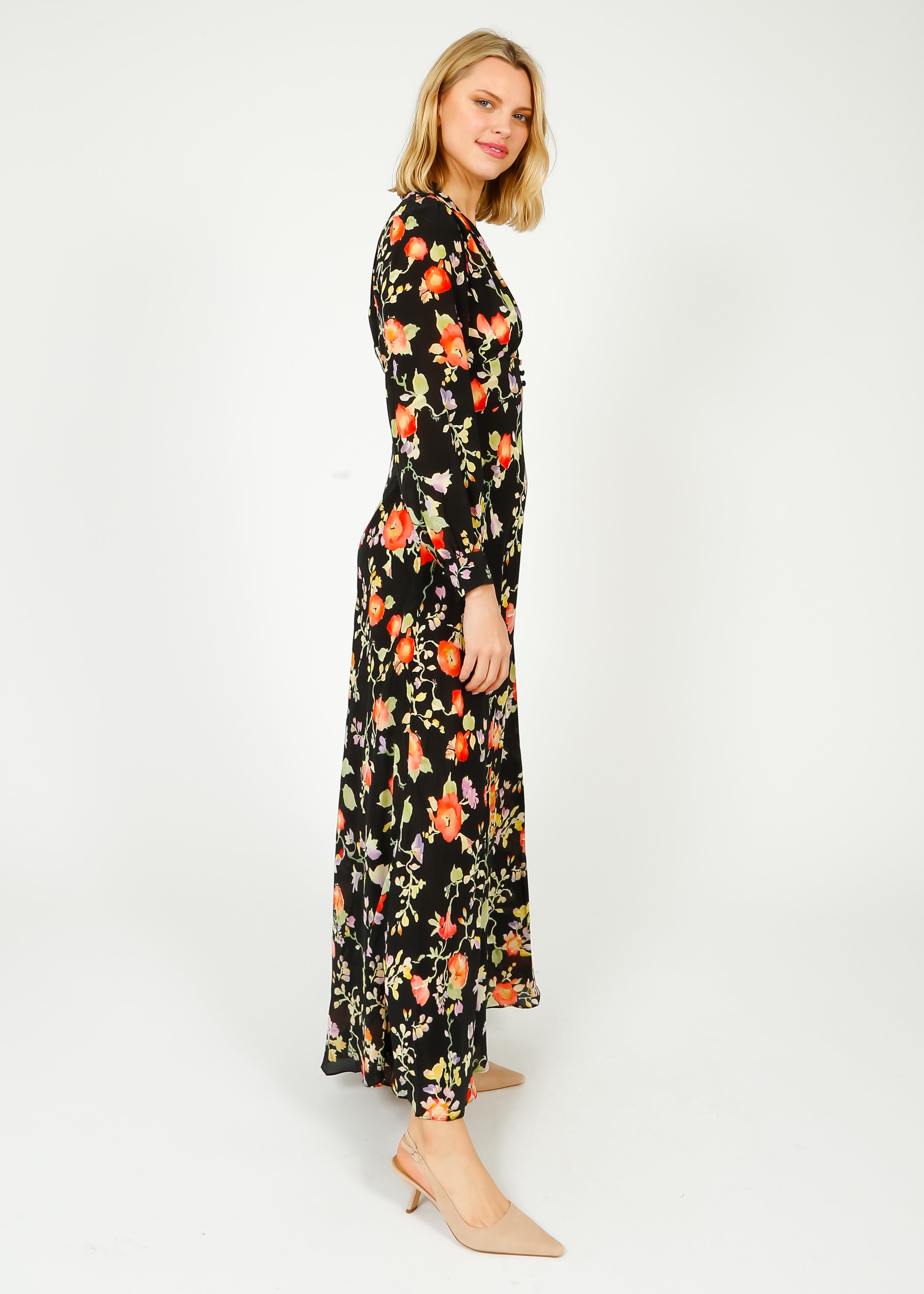 RIXO GOLD Emory Dress in Waterblossom Noir
