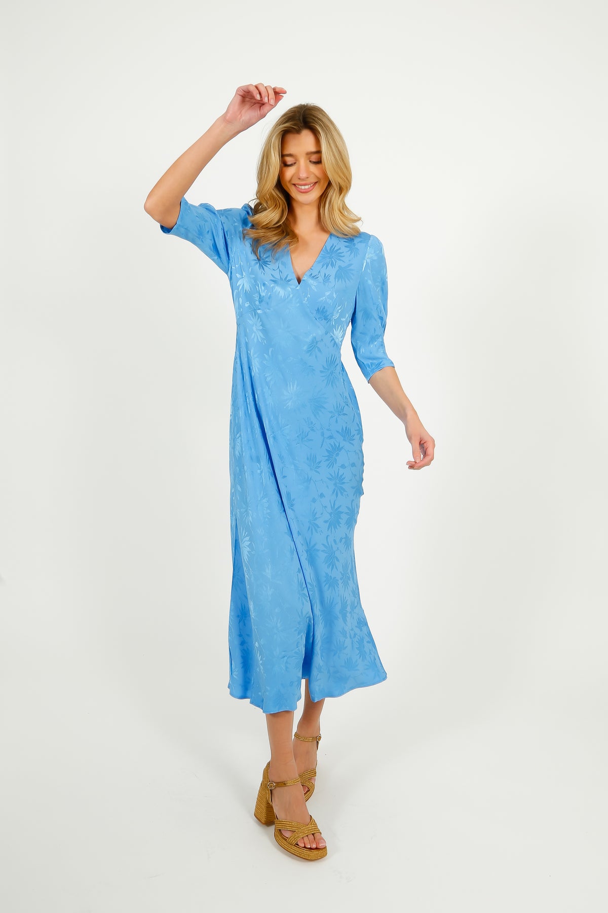 RIXO Zadie Dress in Daisy Jacquard Blue