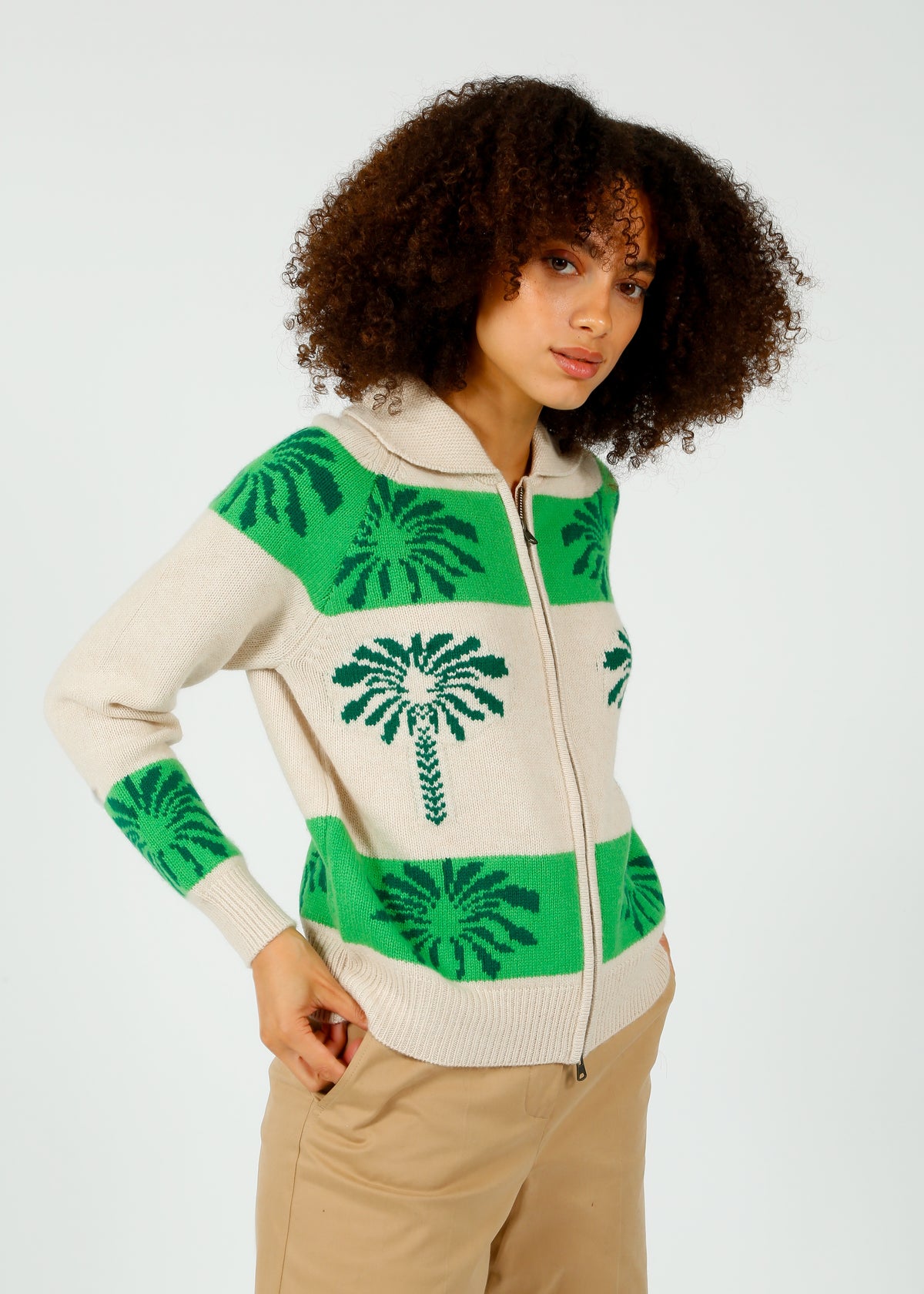 JU Palm Cardigan in Biscuit, Cilantro