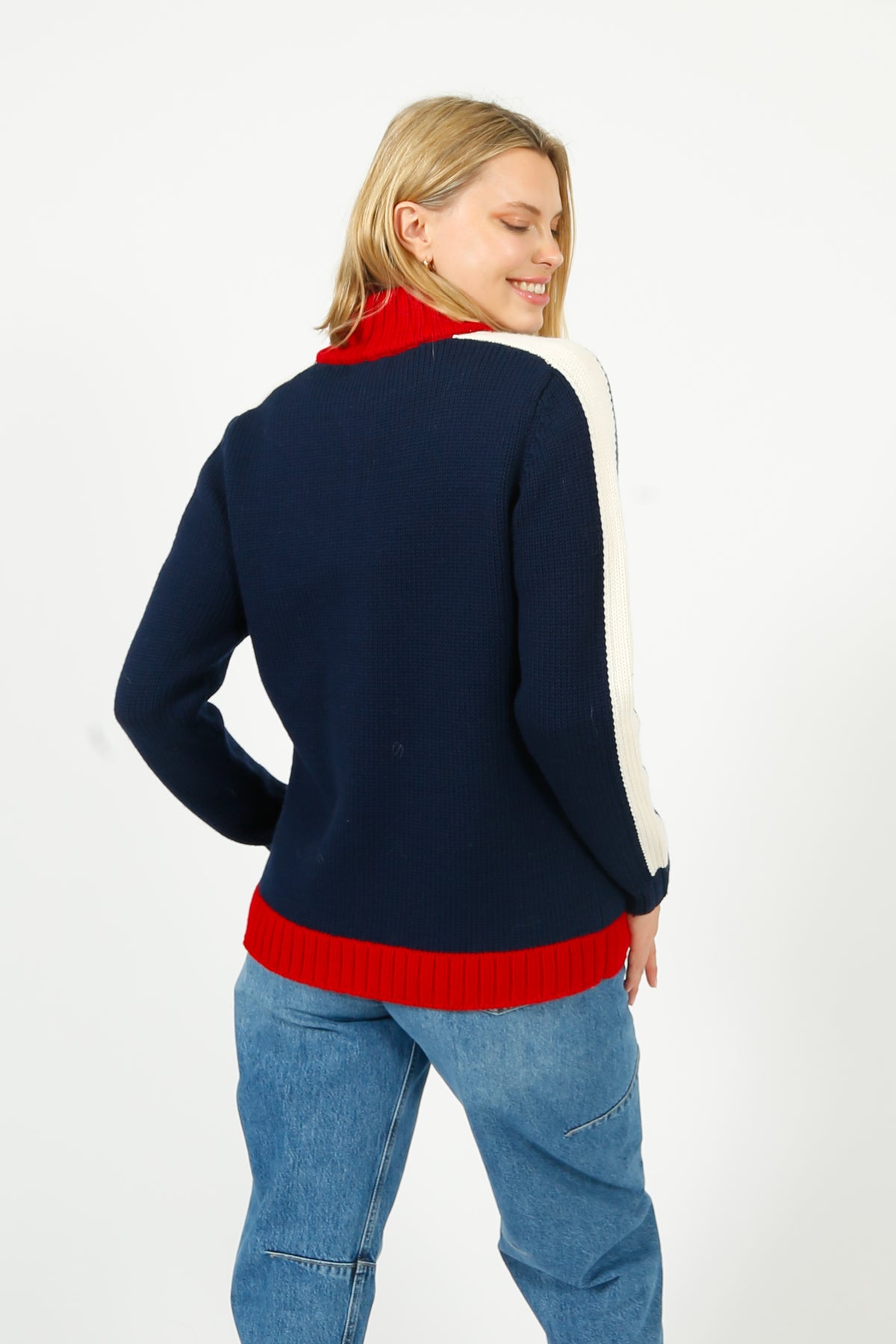 BF College Zip Up Bomber Jacket in Navy, Red