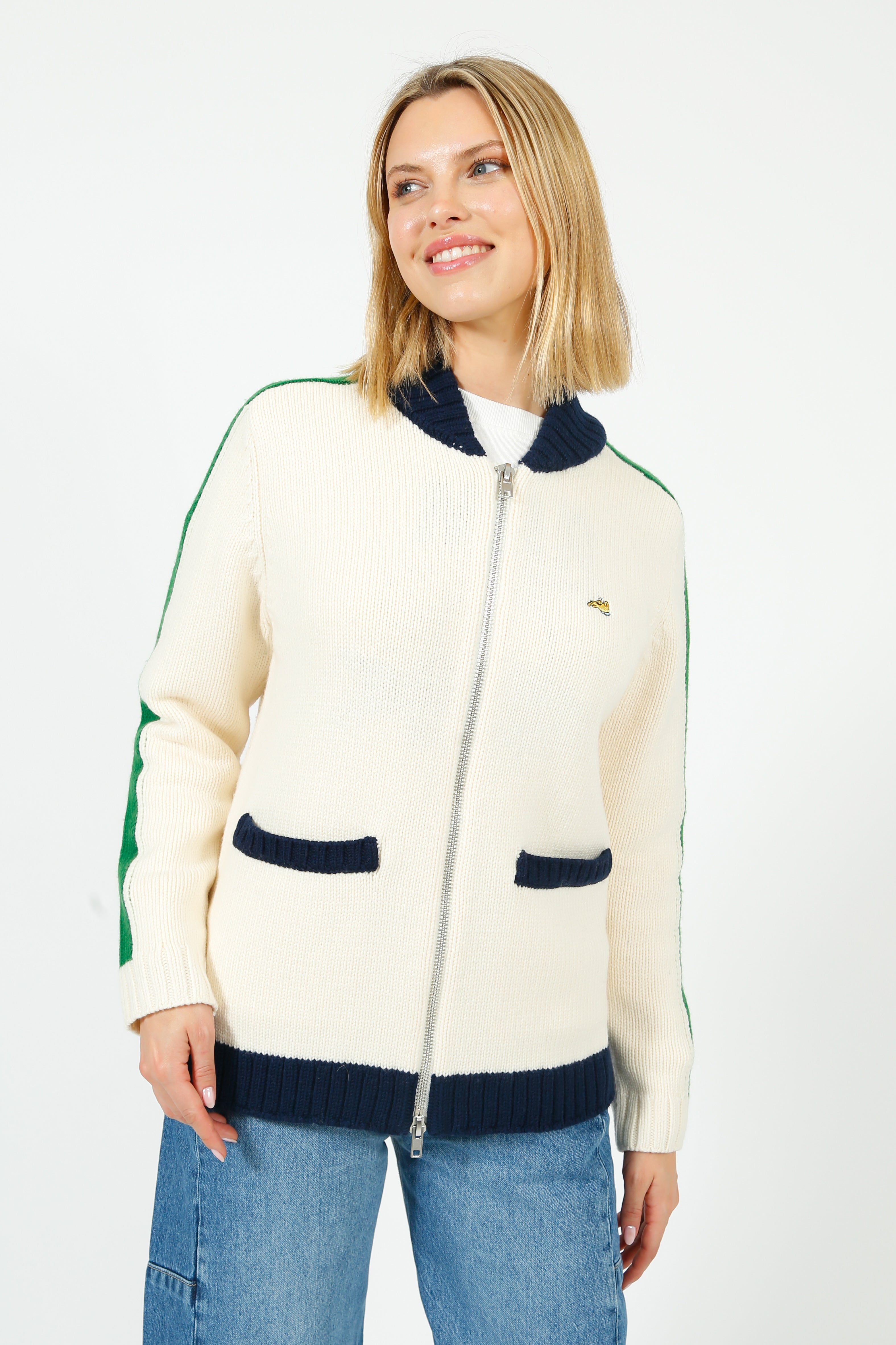 Bella Freud College Zip Up Bomber Jacket in Cream, Green