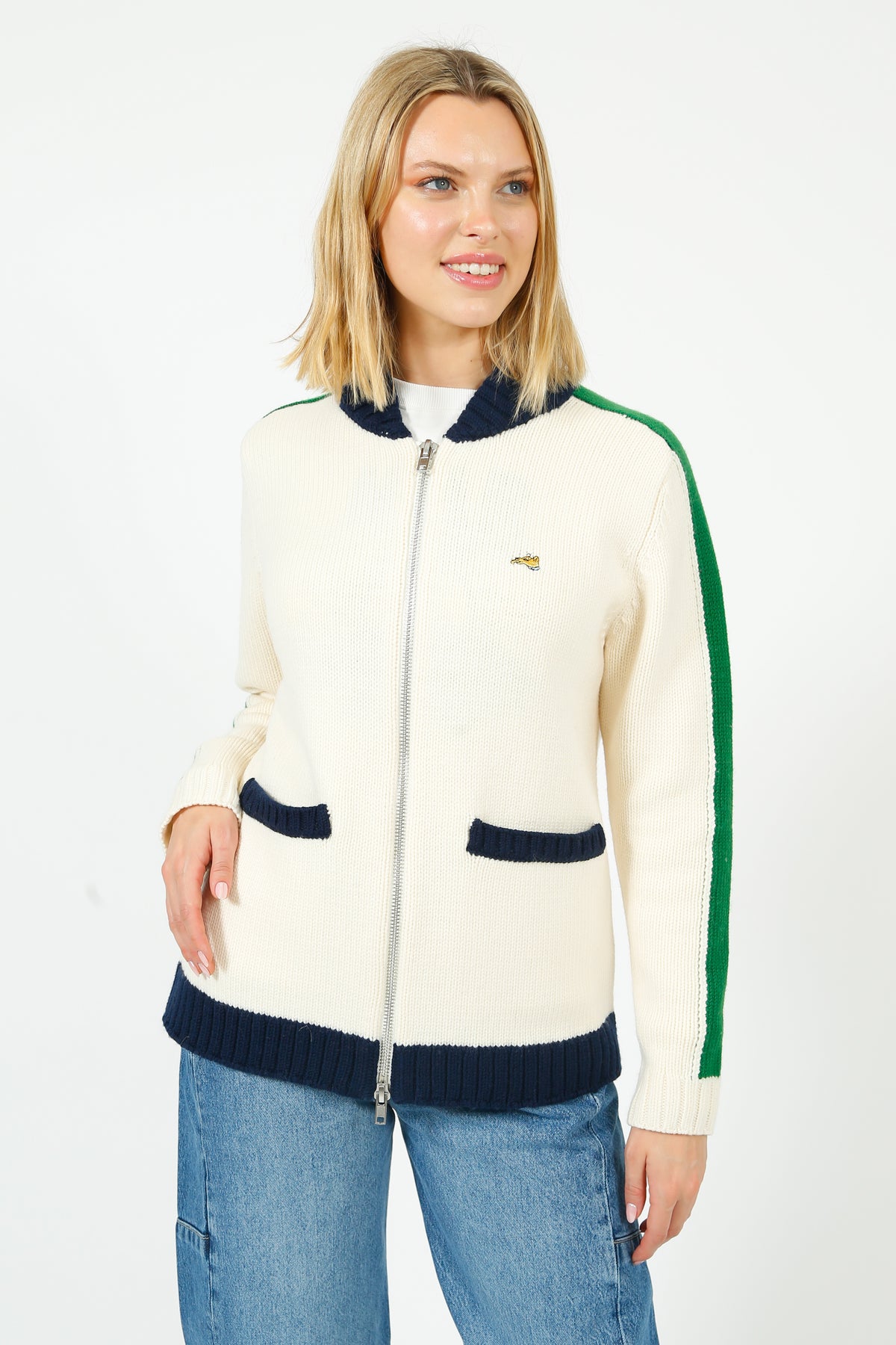 Bella Freud College Zip Up Bomber Jacket in Cream, Green