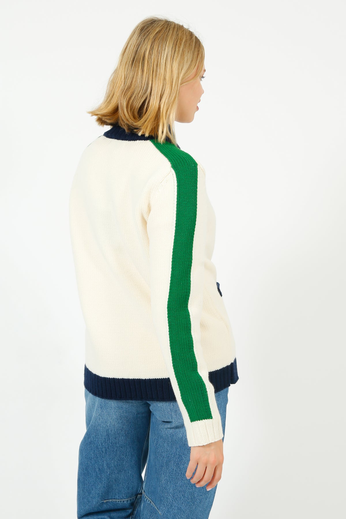 Bella Freud College Zip Up Bomber Jacket in Cream, Green
