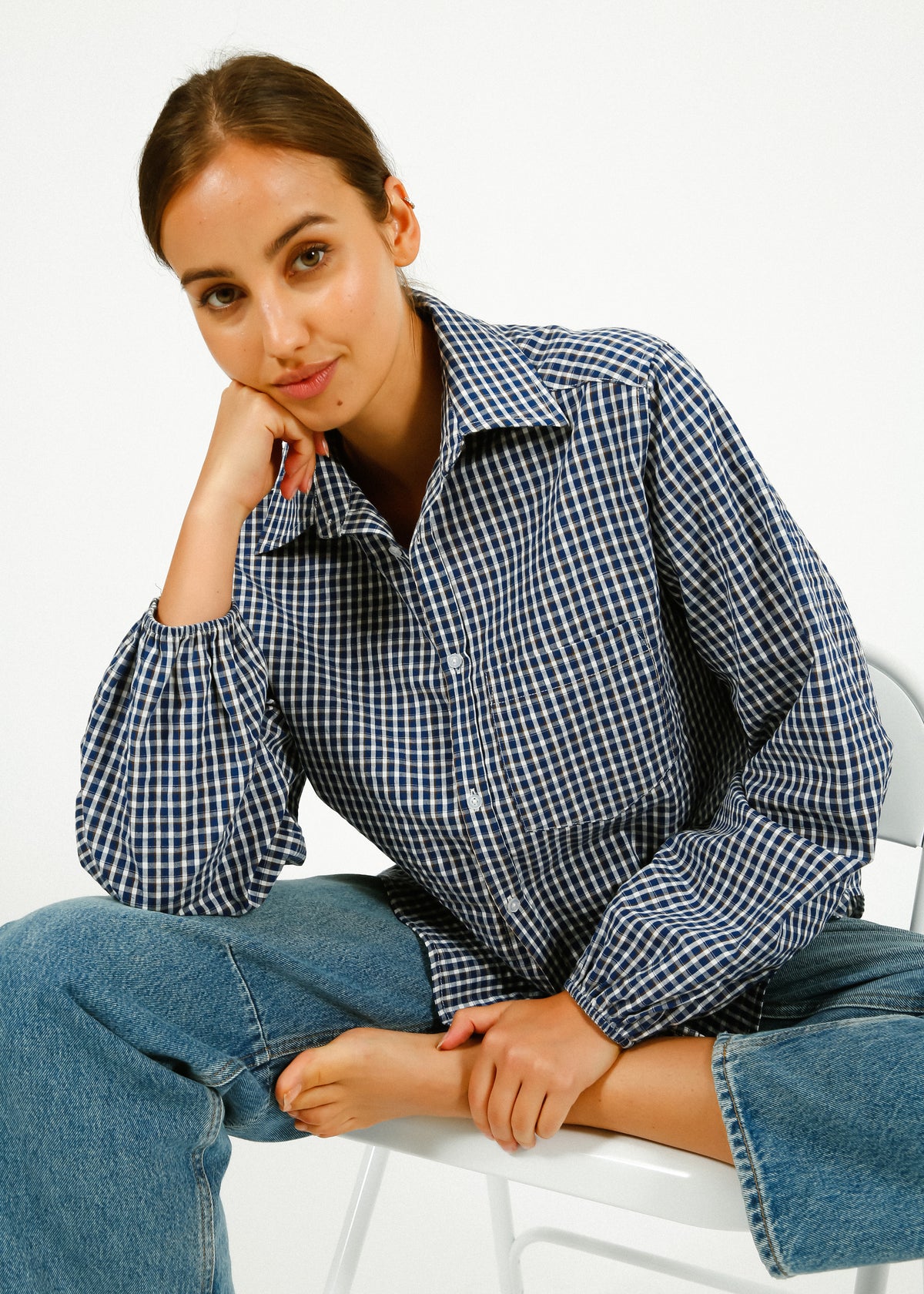 PARK Puff Sleeve Shirt in Blue, Brown Gingham