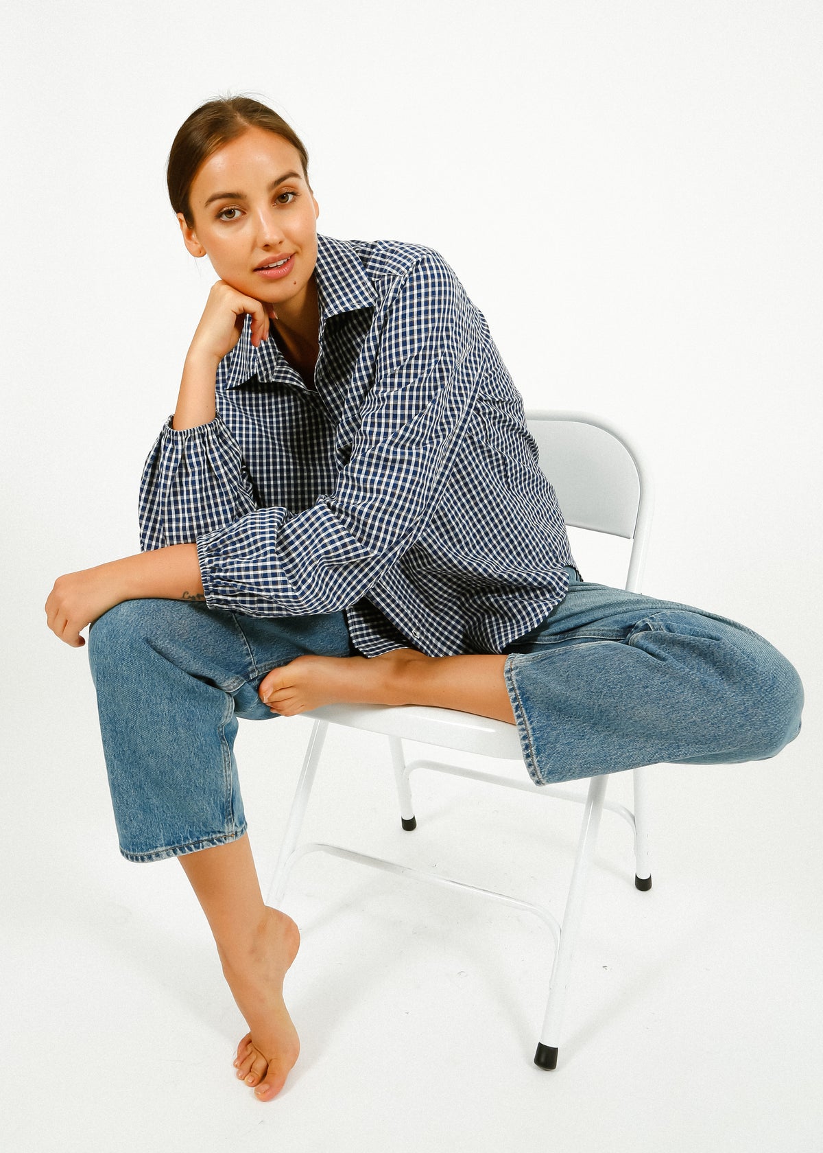 PARK Puff Sleeve Shirt in Blue, Brown Gingham