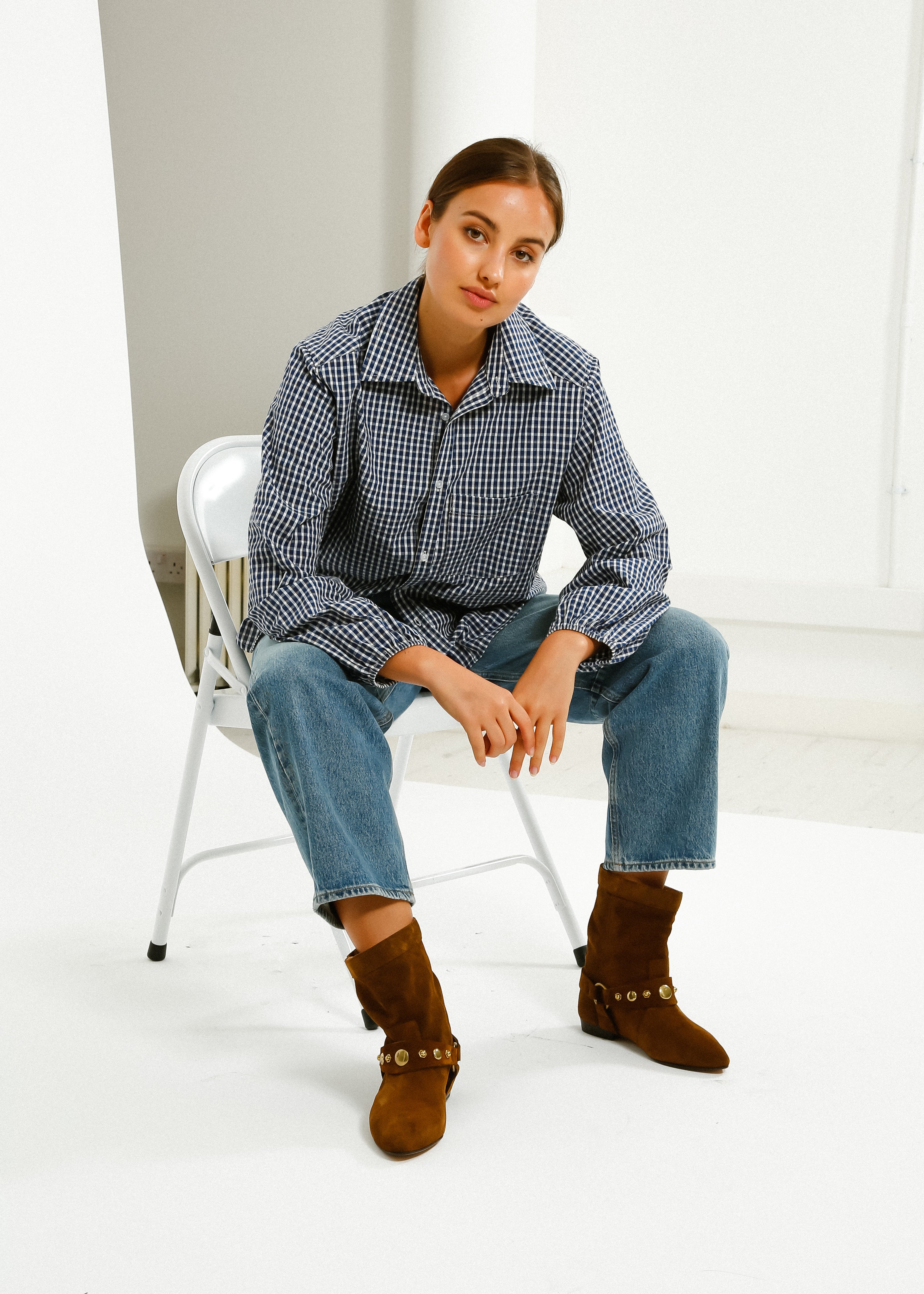 PARK Puff Sleeve Shirt in Blue, Brown Gingham
