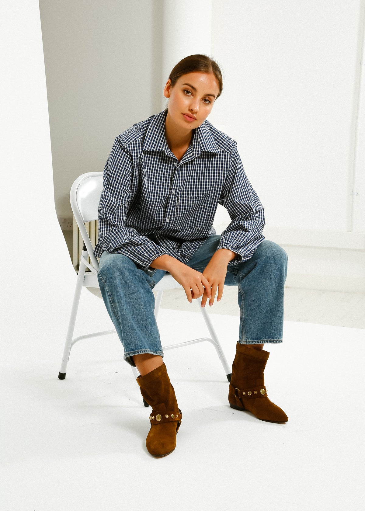 PARK Puff Sleeve Shirt in Blue, Brown Gingham