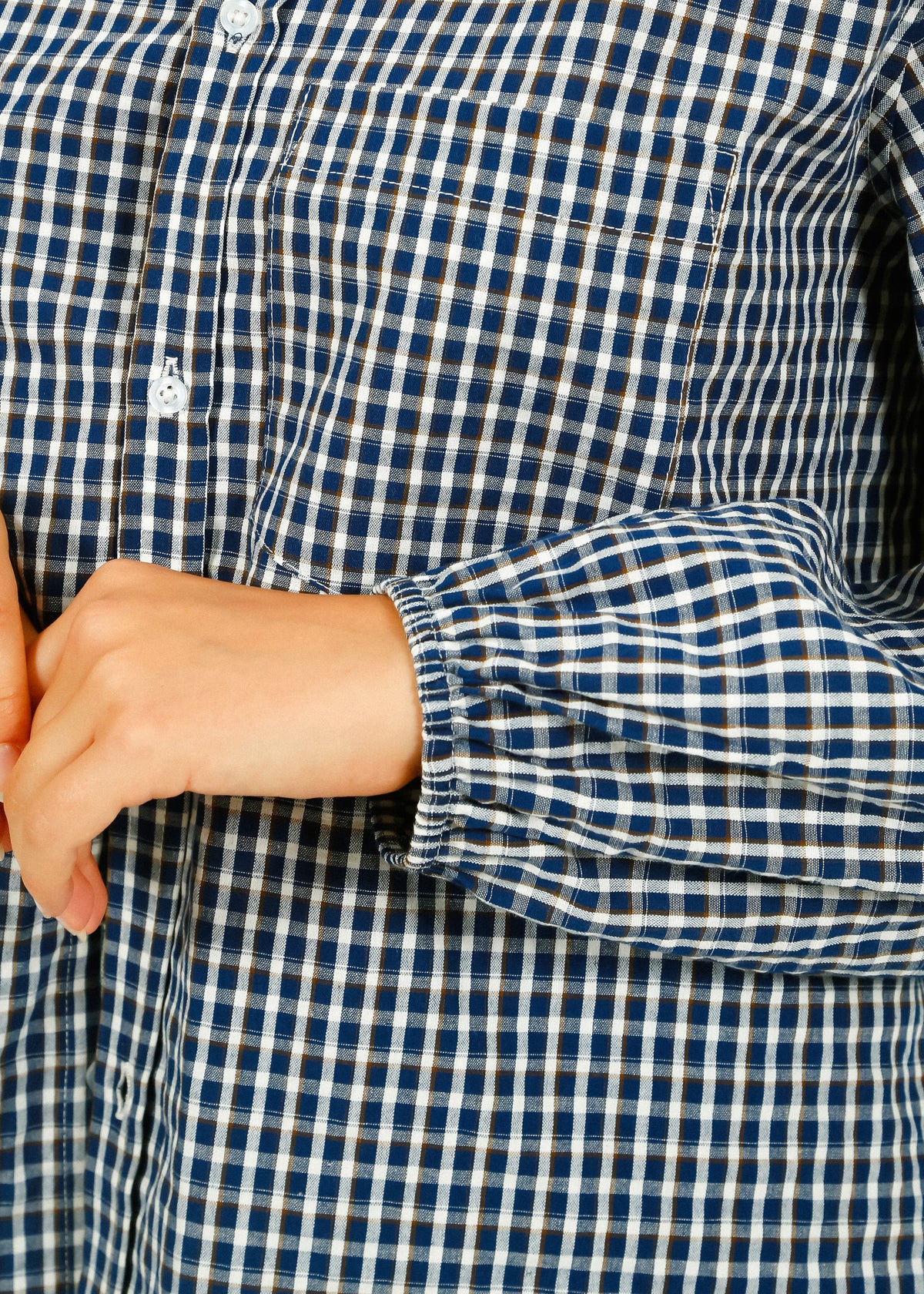 PARK Puff Sleeve Shirt in Blue, Brown Gingham