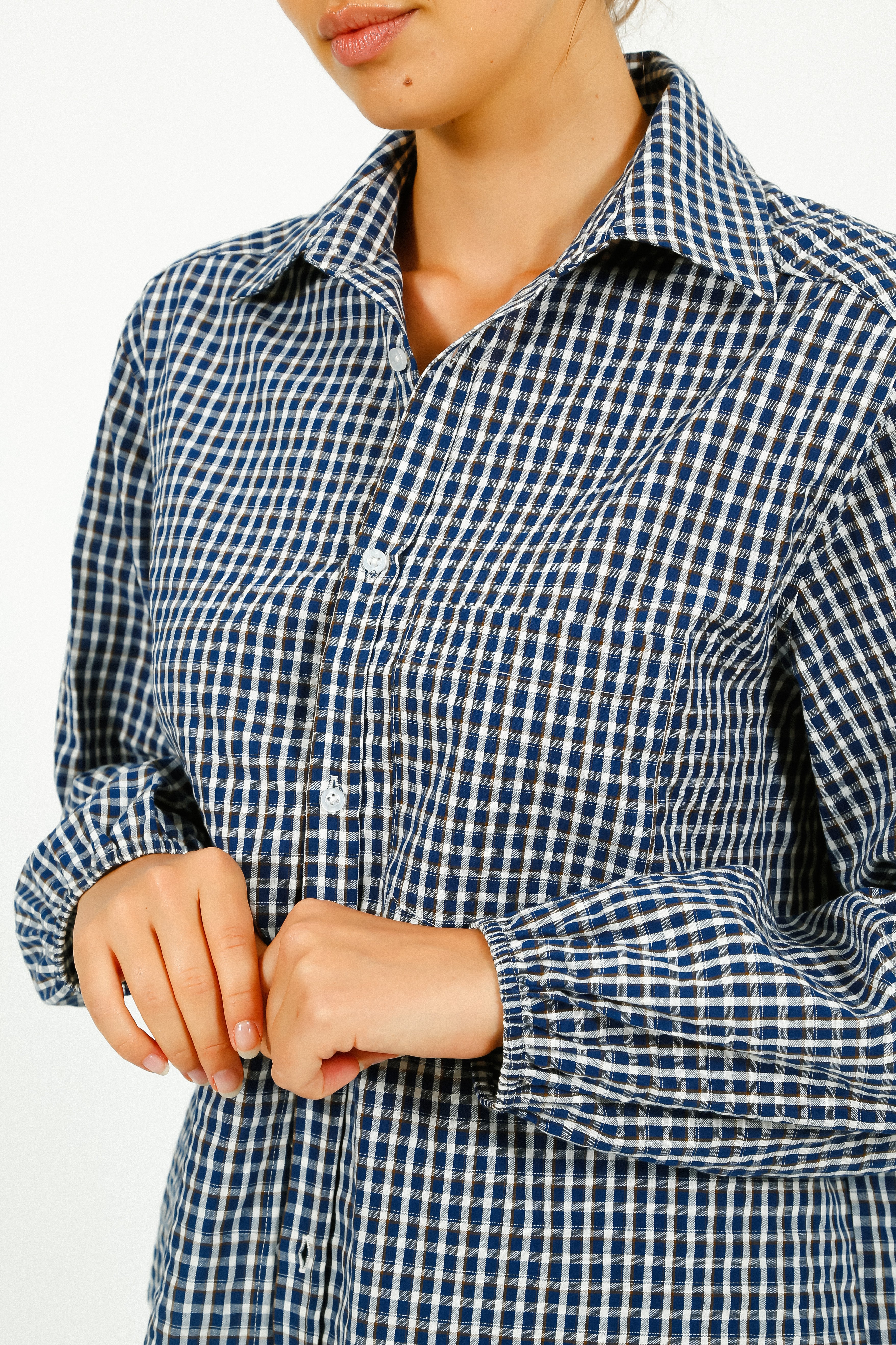 PARK Puff Sleeve Shirt in Blue, Brown Gingham