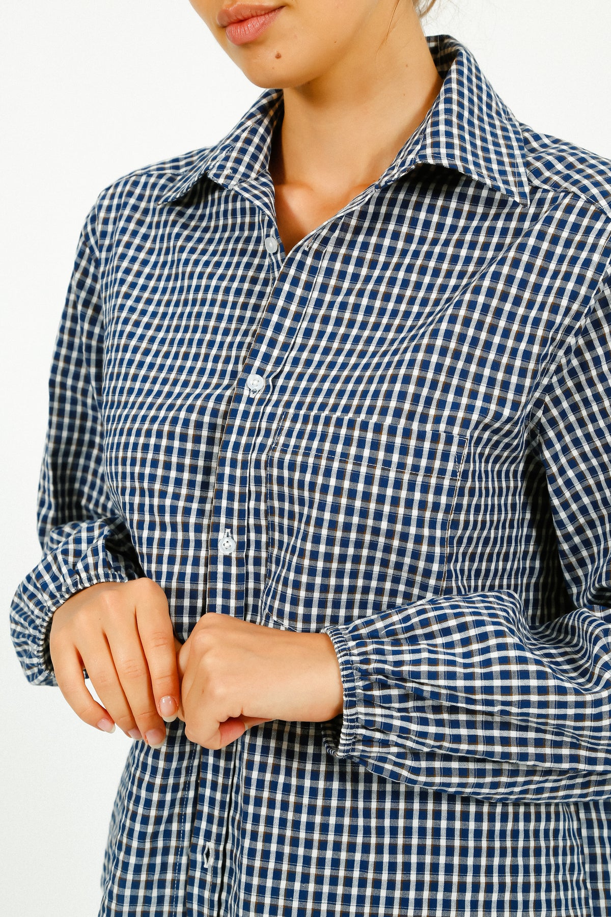 PARK Puff Sleeve Shirt in Blue, Brown Gingham