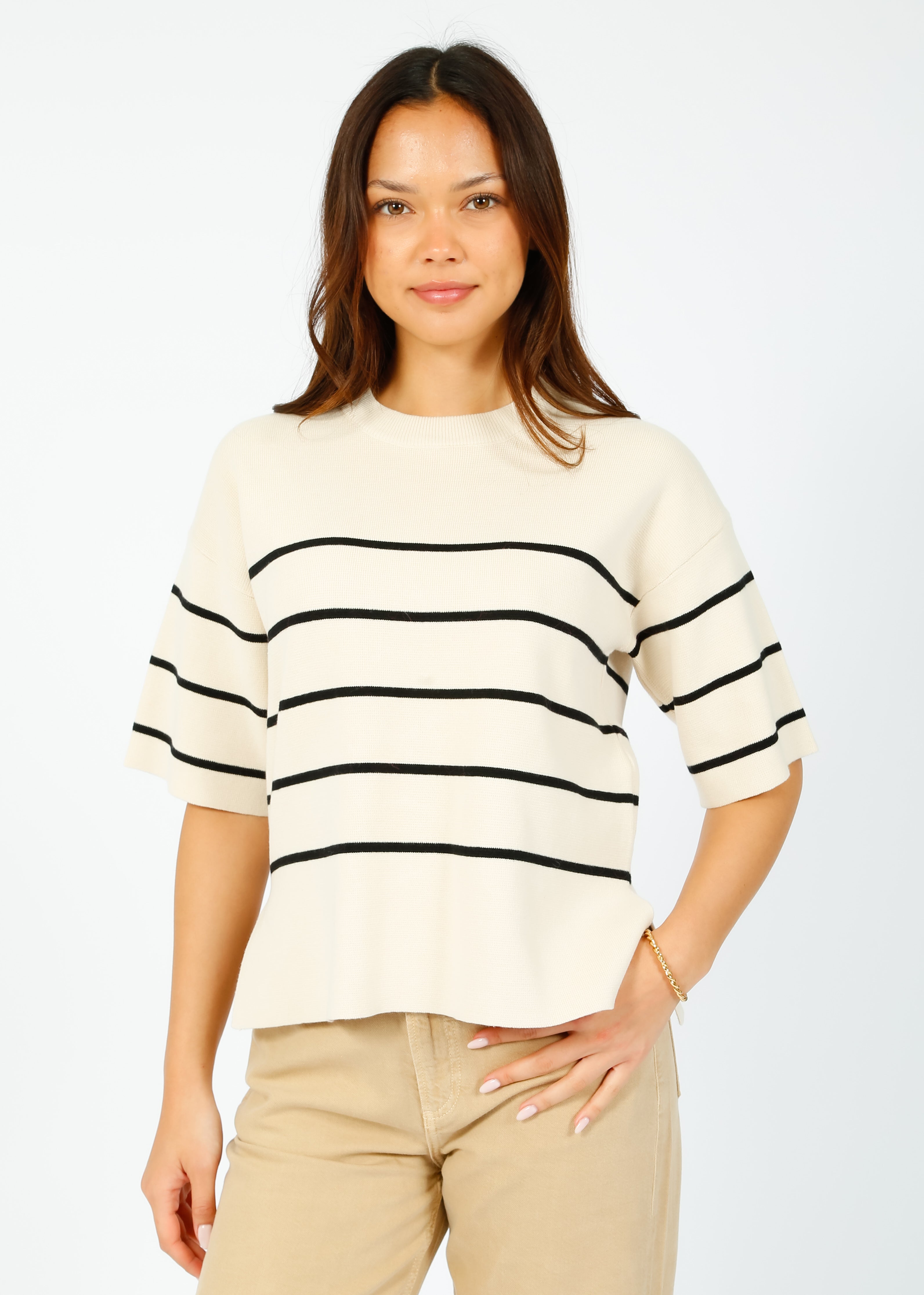 SLF Liva Knit Stripe Tee in Birch, Black