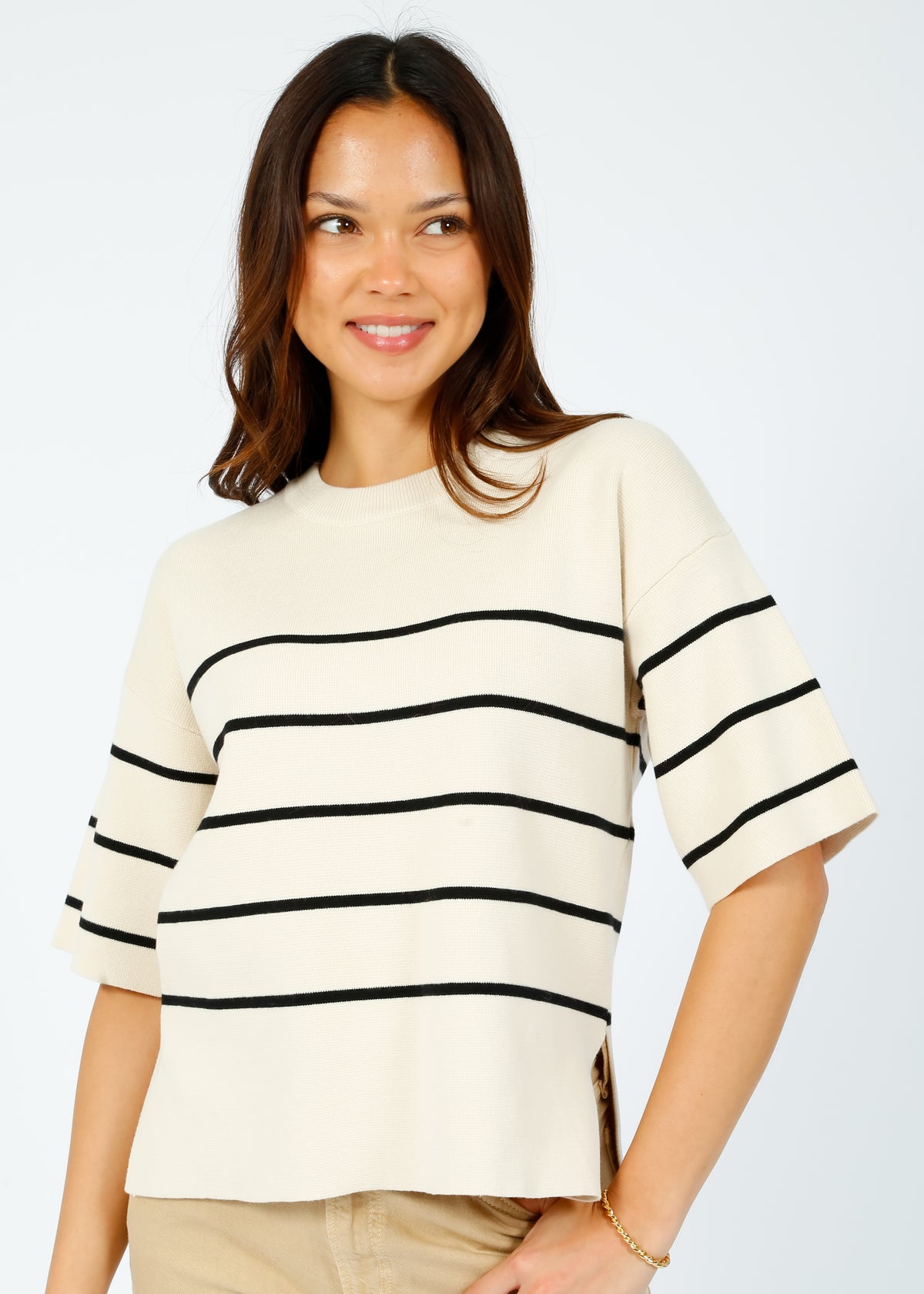 SLF Liva Knit Stripe Tee in Birch, Black