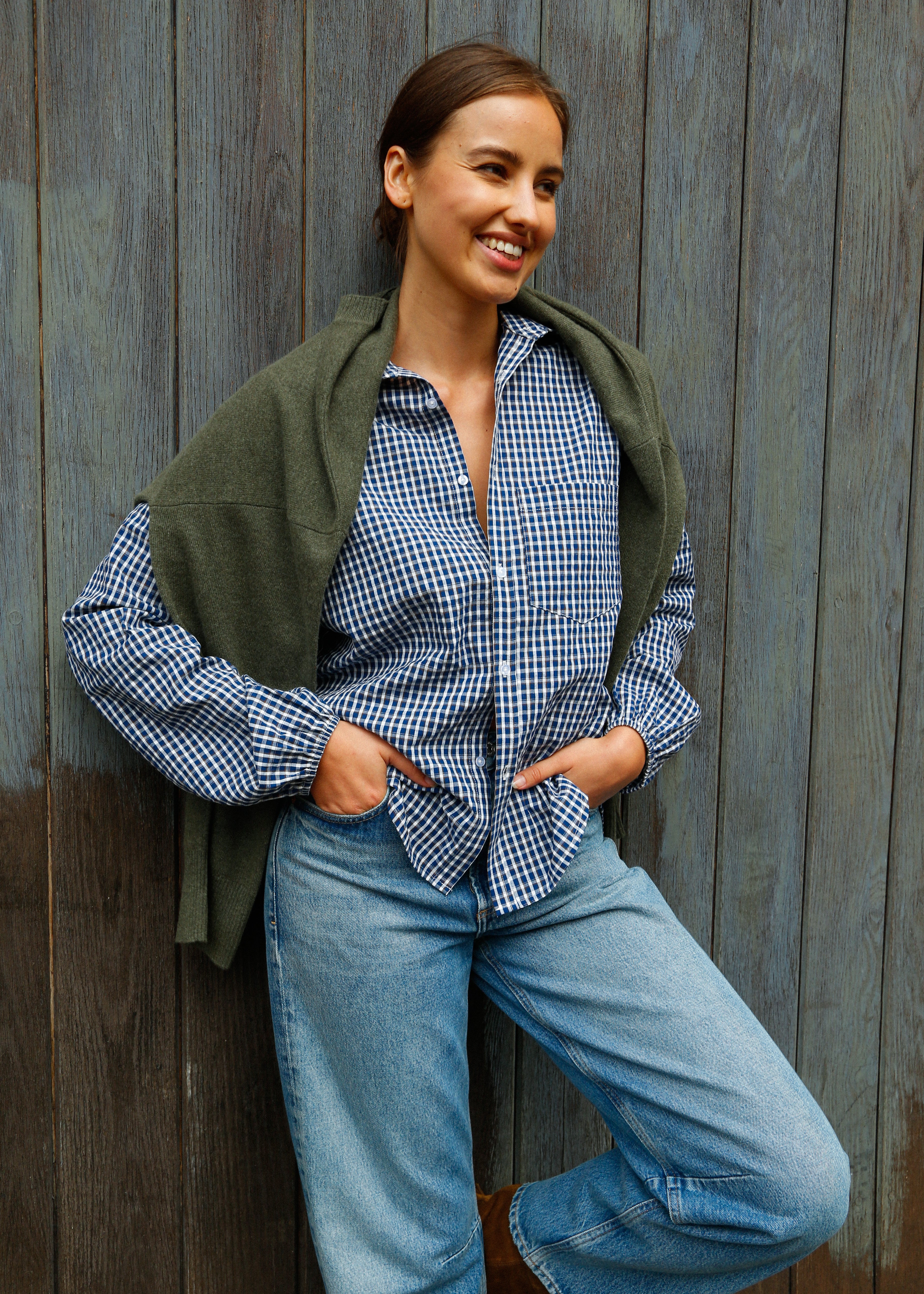 PARK Puff Sleeve Shirt in Blue, Brown Gingham