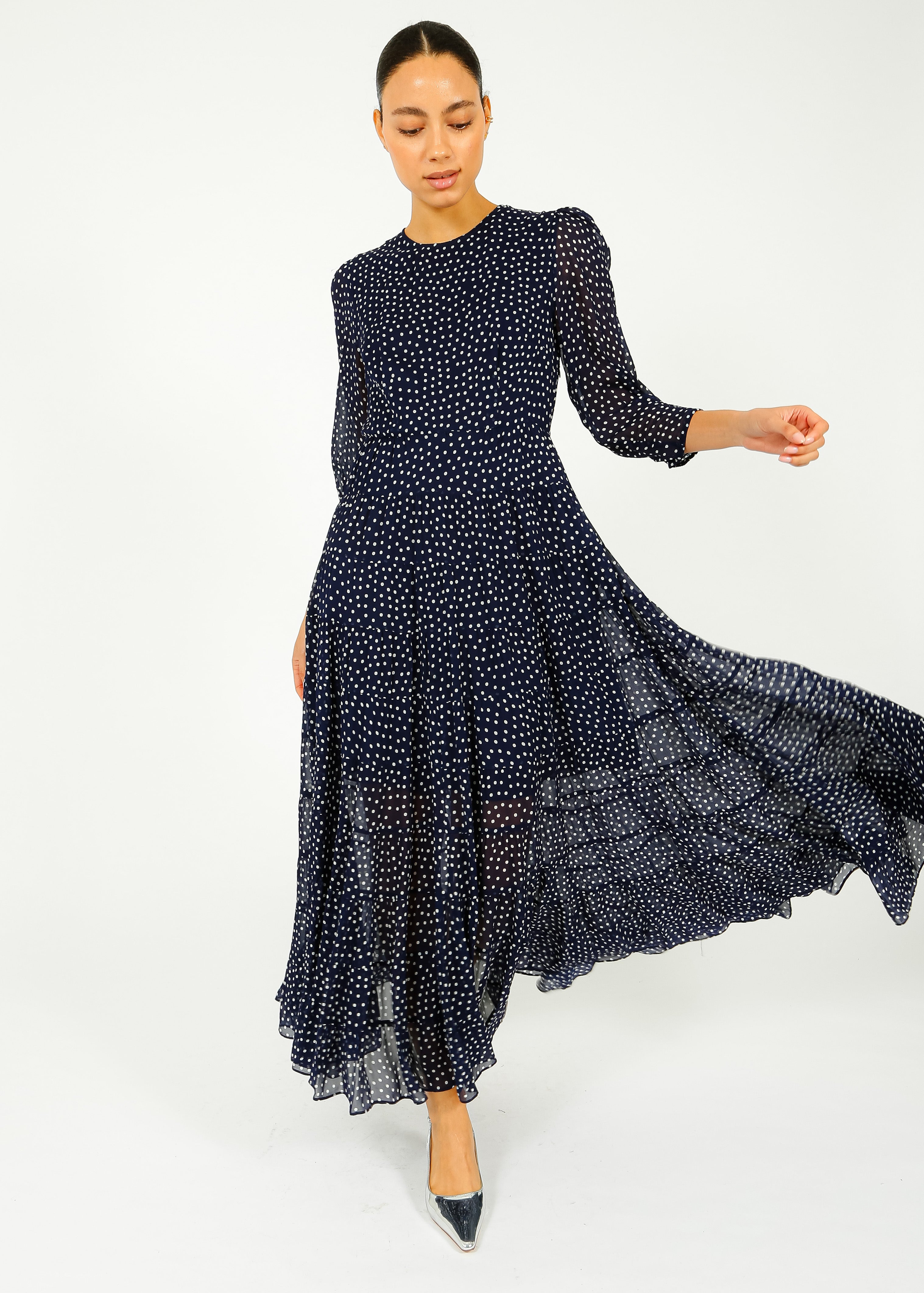 RIXO Kristen Dress in Navy Polka Dot
