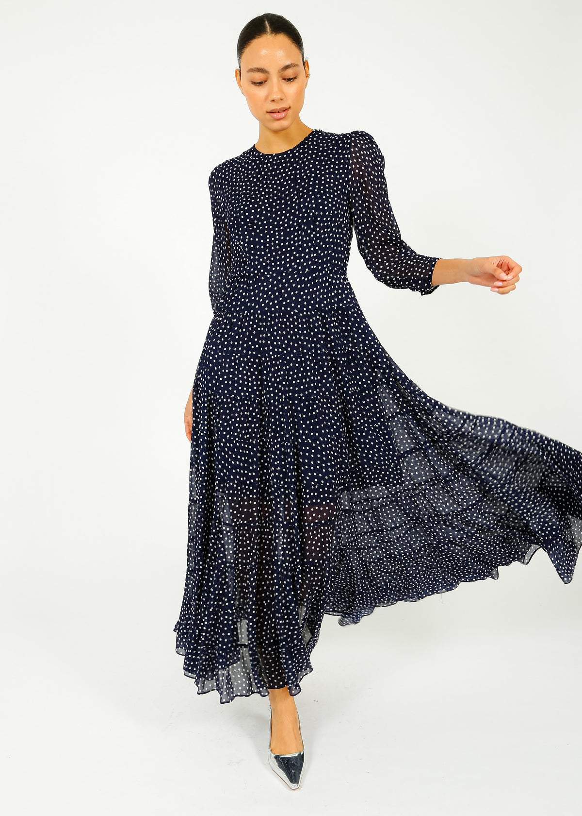 RIXO Kristen Dress in Navy Polka Dot