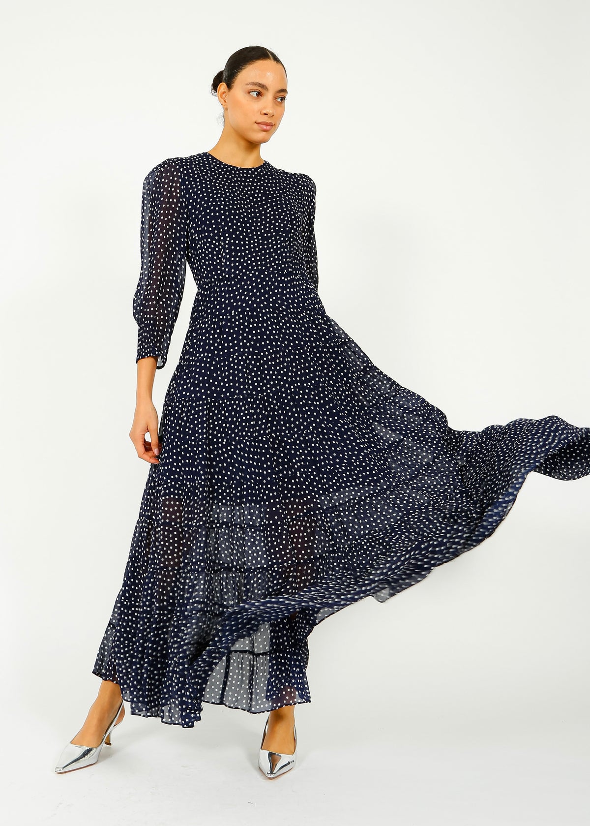RIXO Kristen Dress in Navy Polka Dot