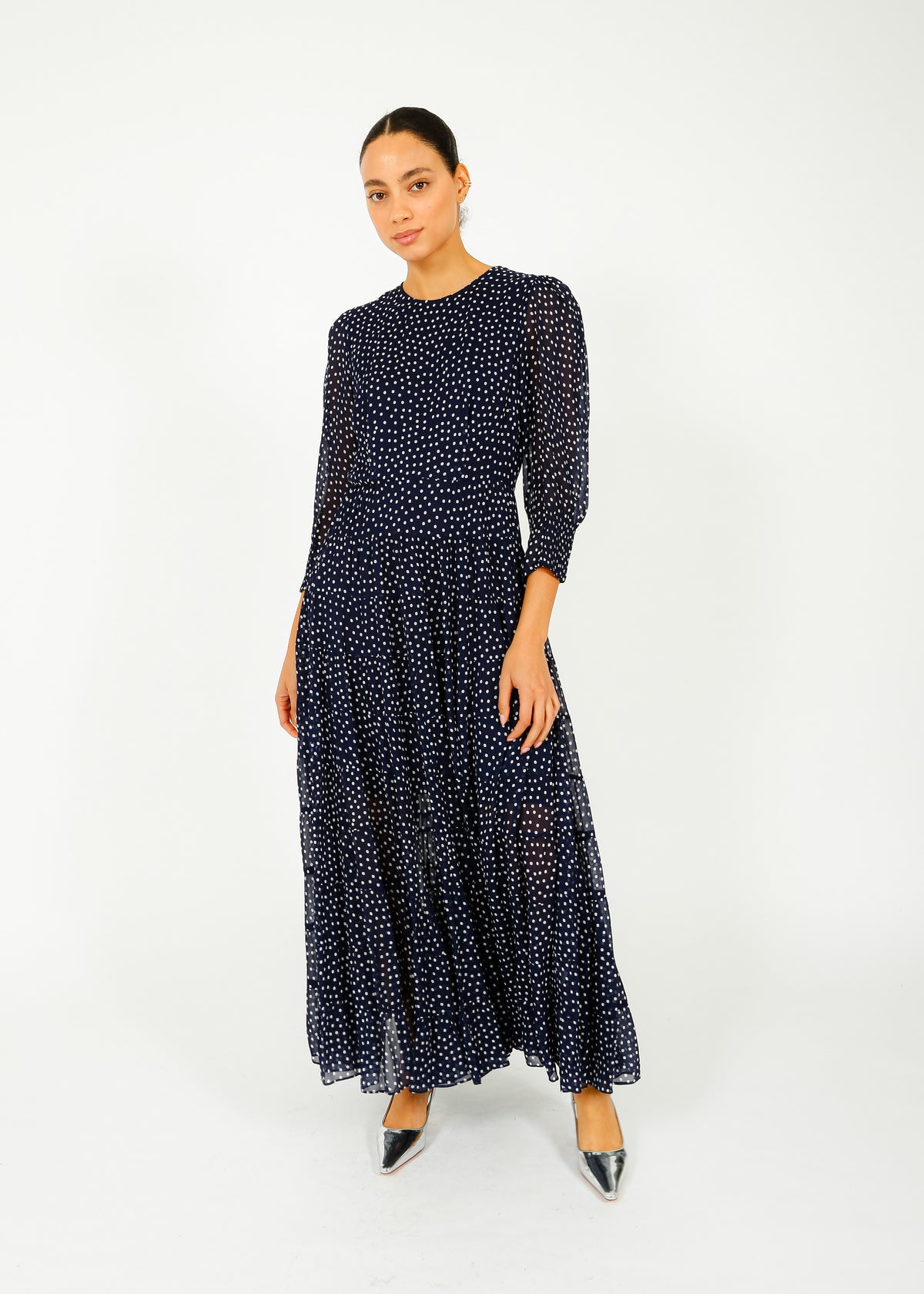 RIXO Kristen Dress in Navy Polka Dot