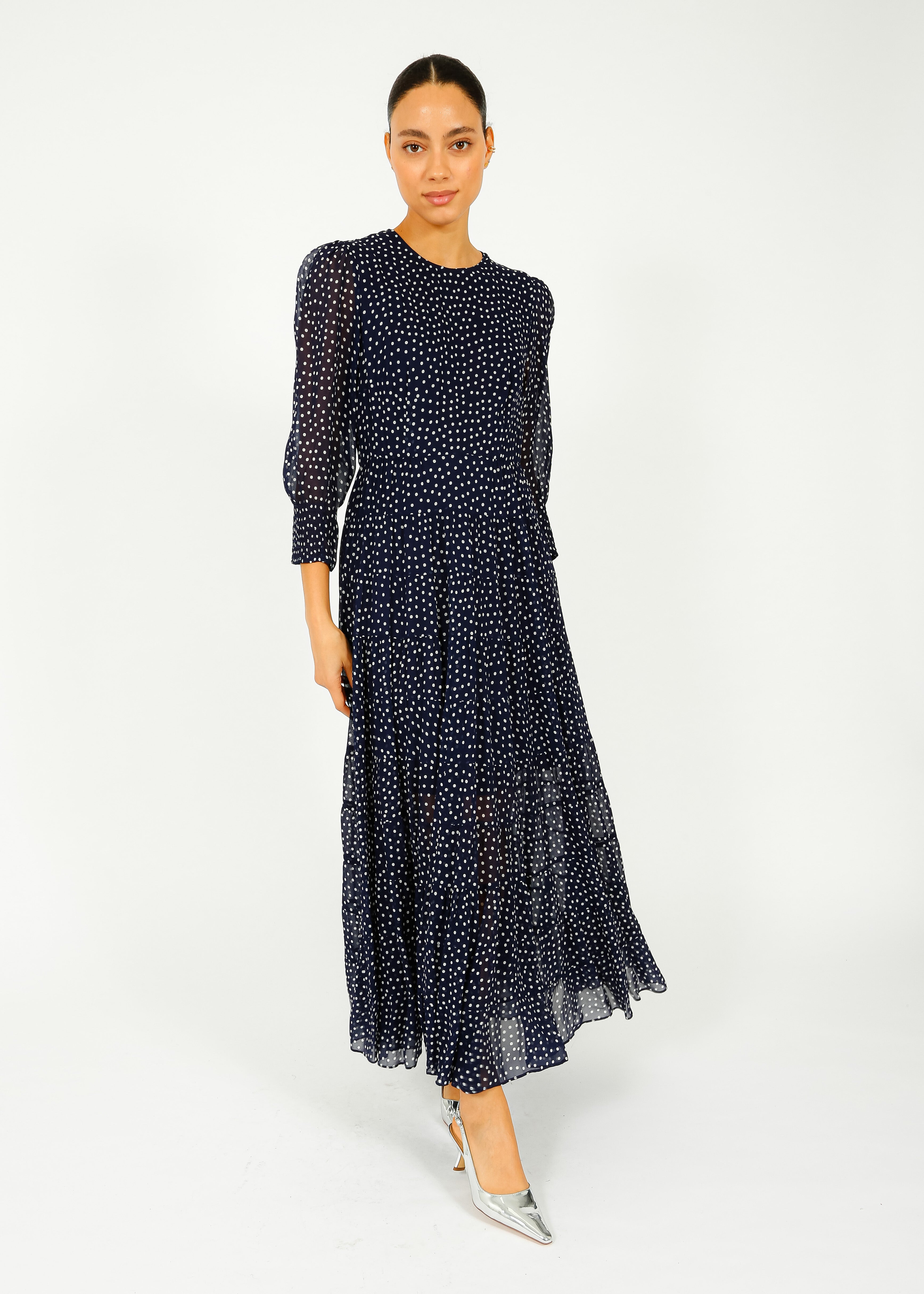 RIXO Kristen Dress in Navy Polka Dot
