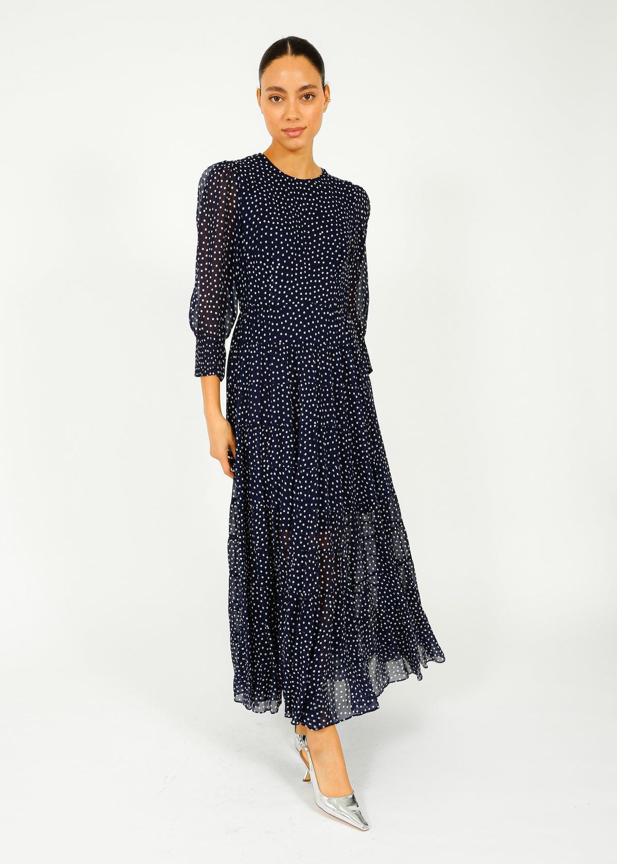 RIXO Kristen Dress in Navy Polka Dot