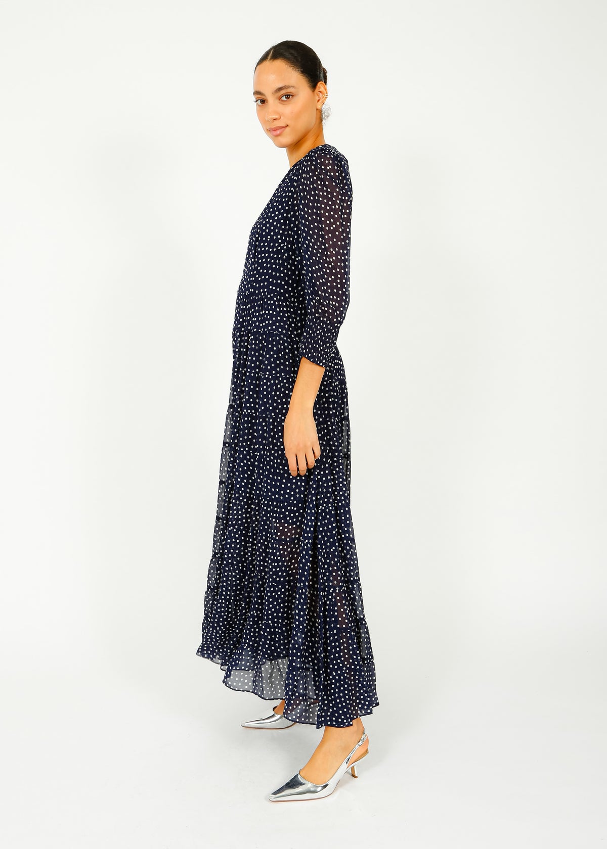 RIXO Kristen Dress in Navy Polka Dot