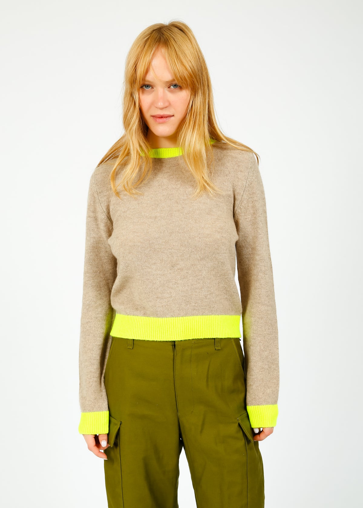 JU Contrast Crew in Light Brown, Neon Yellow