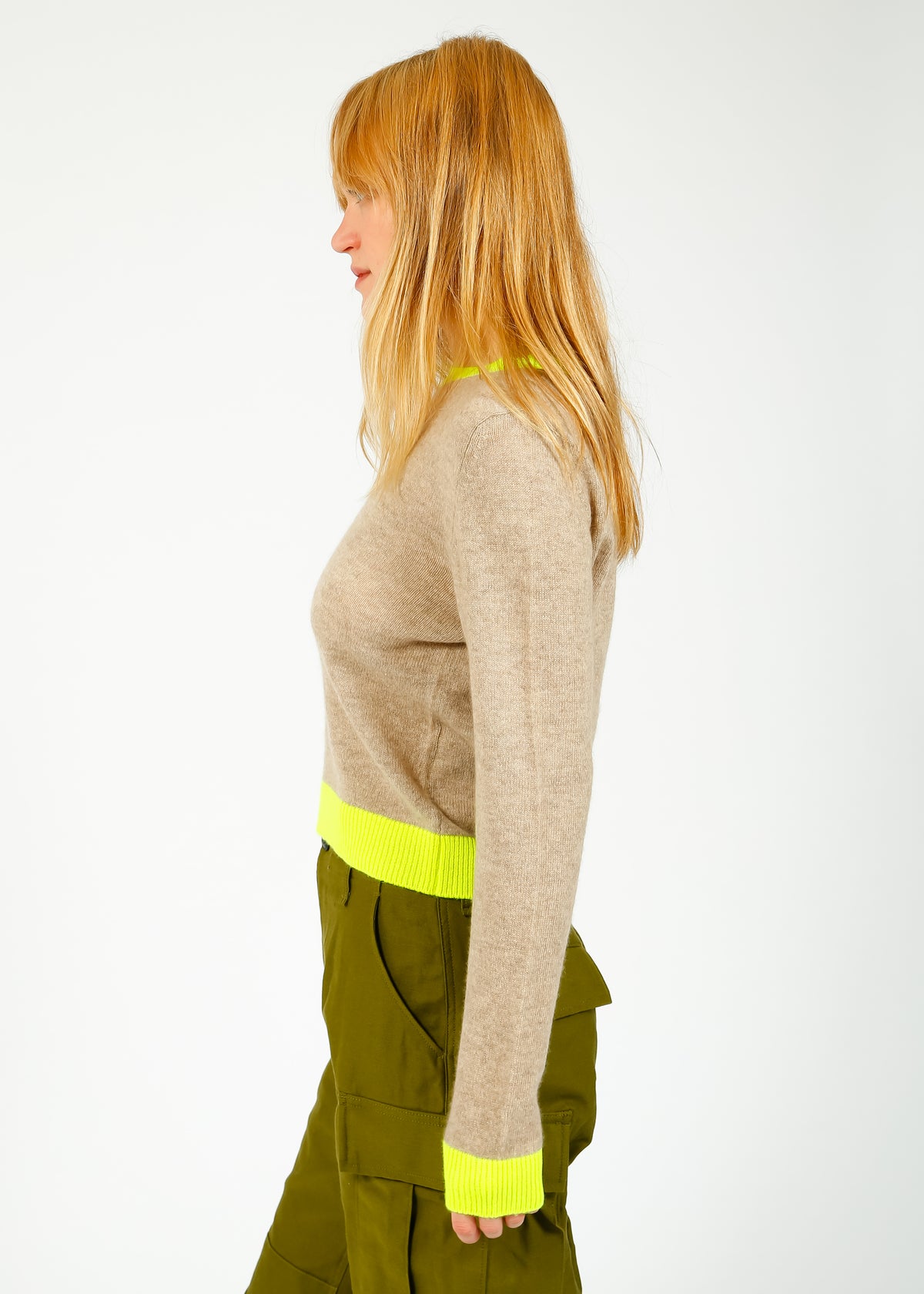 JU Contrast Crew in Light Brown, Neon Yellow