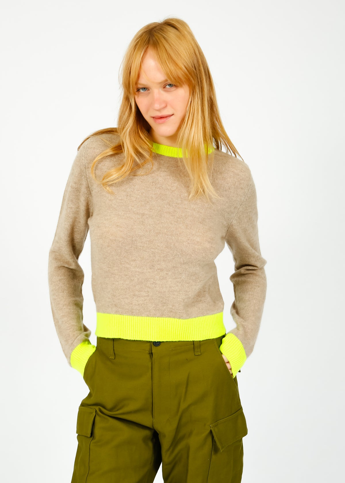 JU Contrast Crew in Light Brown, Neon Yellow