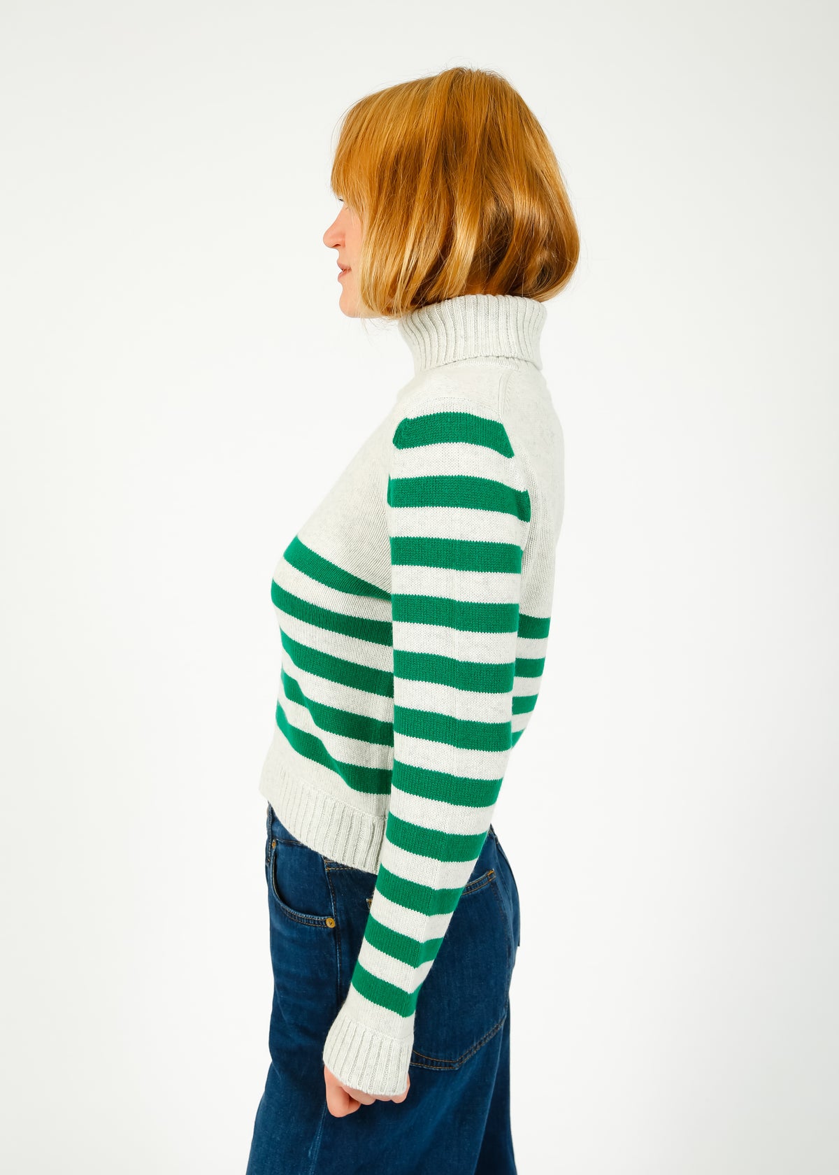JU Invert Stripe Roll Collar Knit in Leaf Green