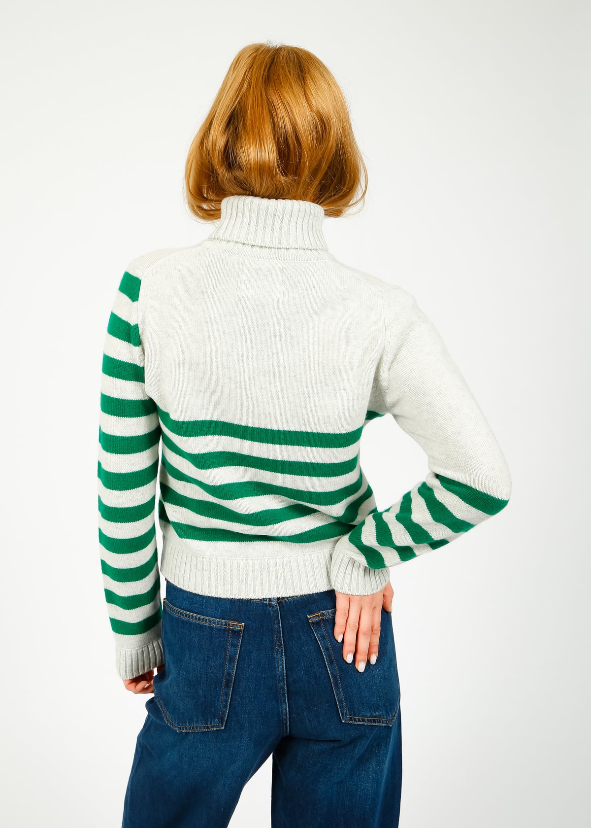 JU Invert Stripe Roll Collar Knit in Leaf Green